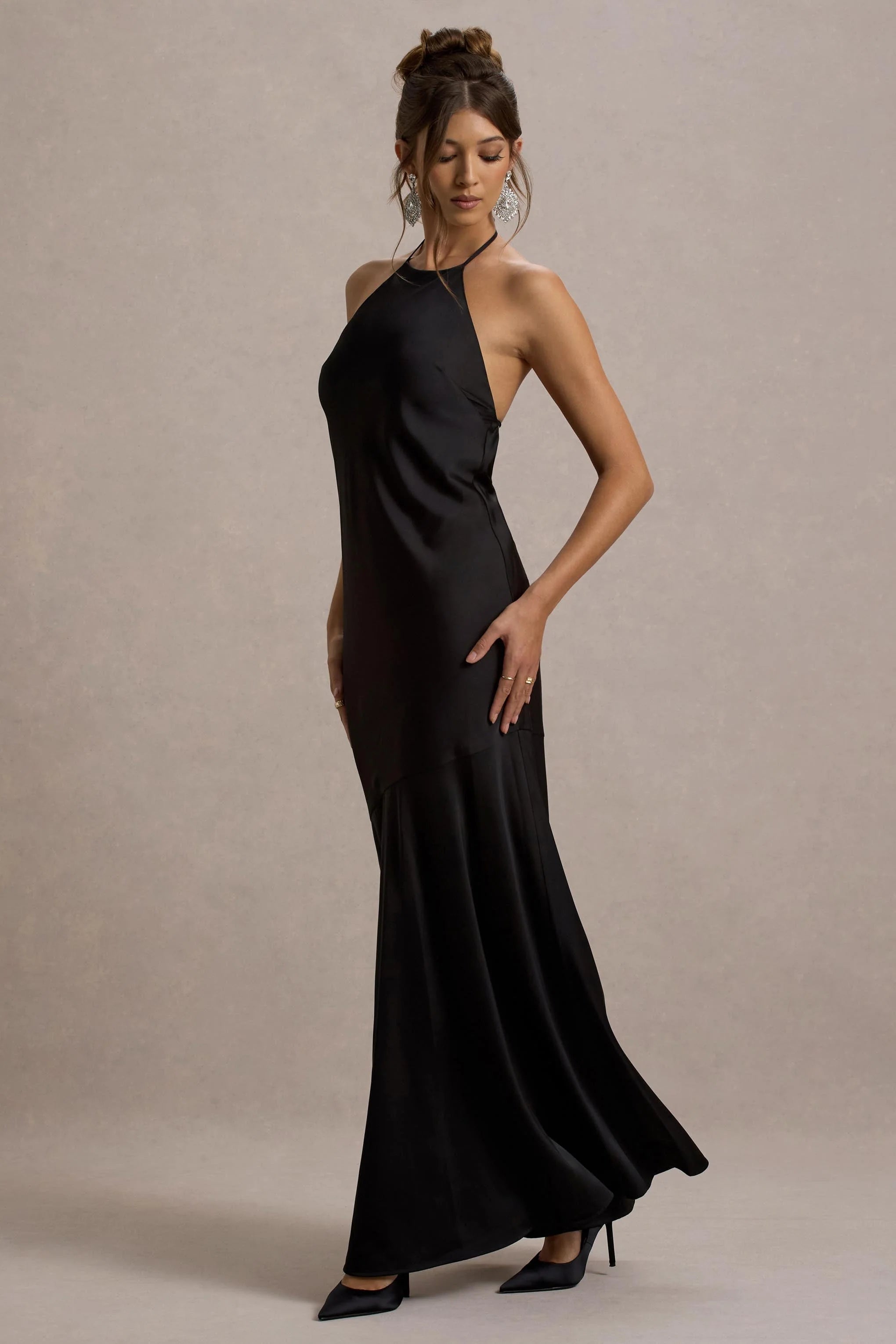 Frida Black Satin Halter Neck Backless Maxi Dress