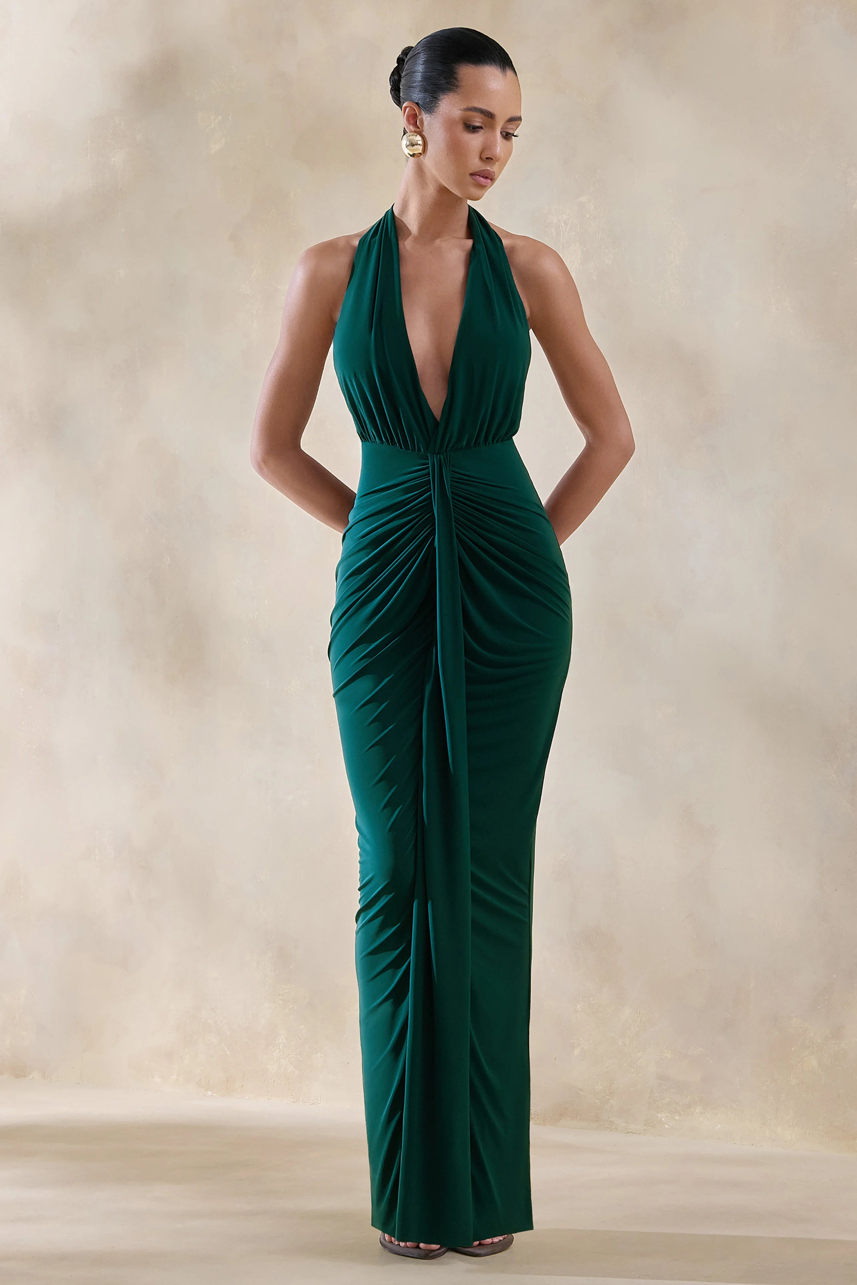 Lesley Bottle Green Plunge Neck Maxi Dress