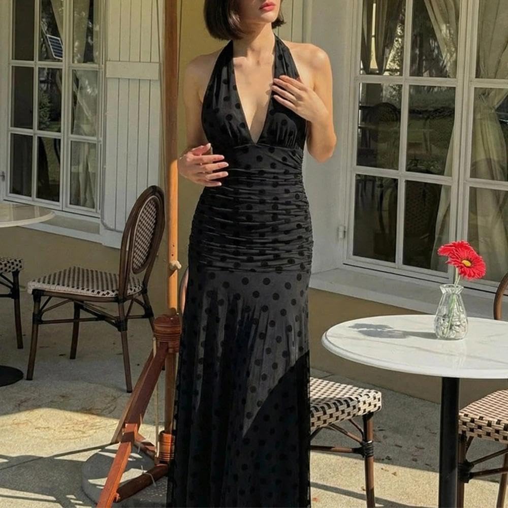 Women Polka Dot Mesh Maxi Dress Deep V Neck Halter Backless Dress Cocktail Wedding Guest