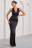 Emery Black Satin Plunge Neck Strappy Back Maxi Dress