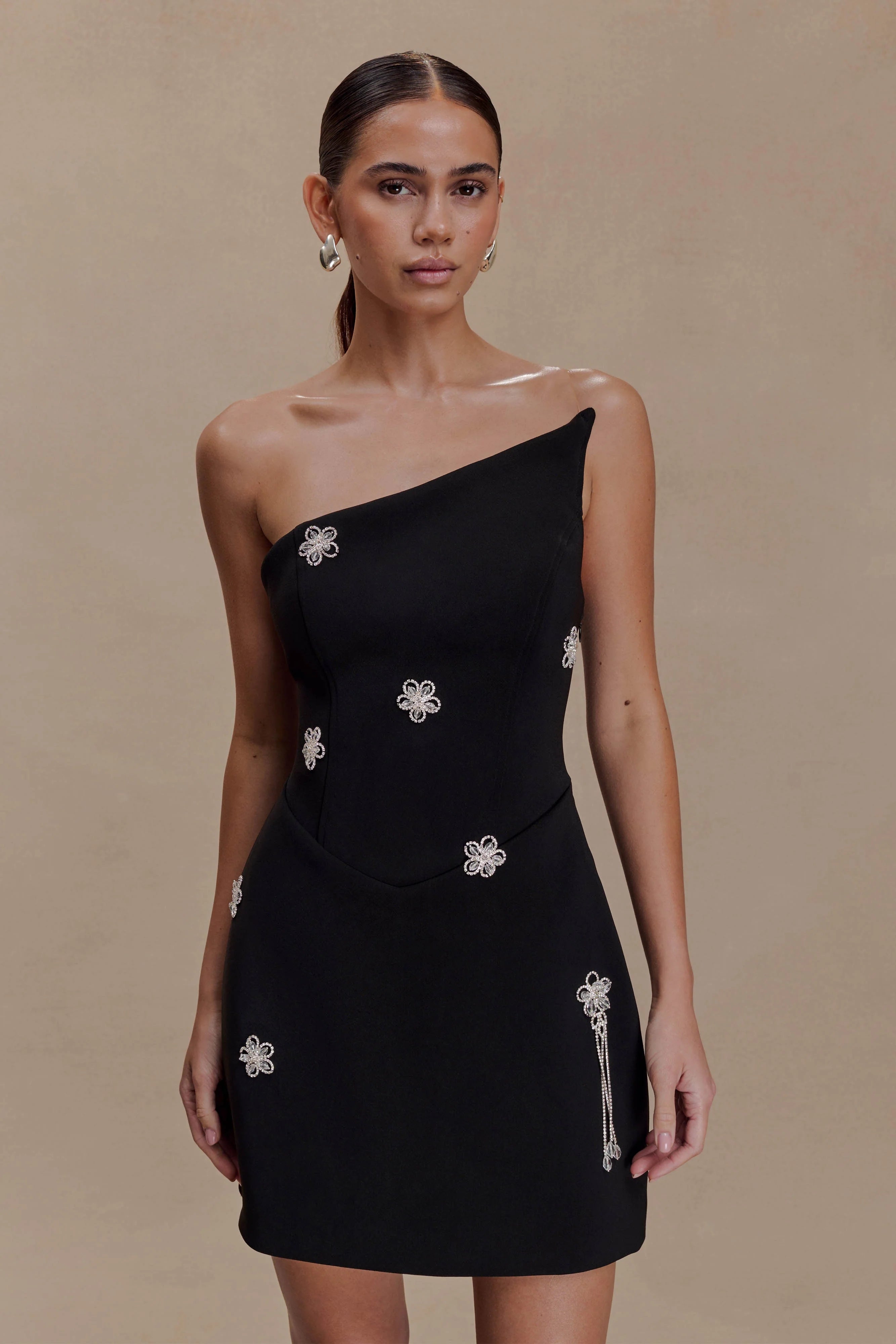 Liva Strapless Diamante Floral Trim Mini Dress Black