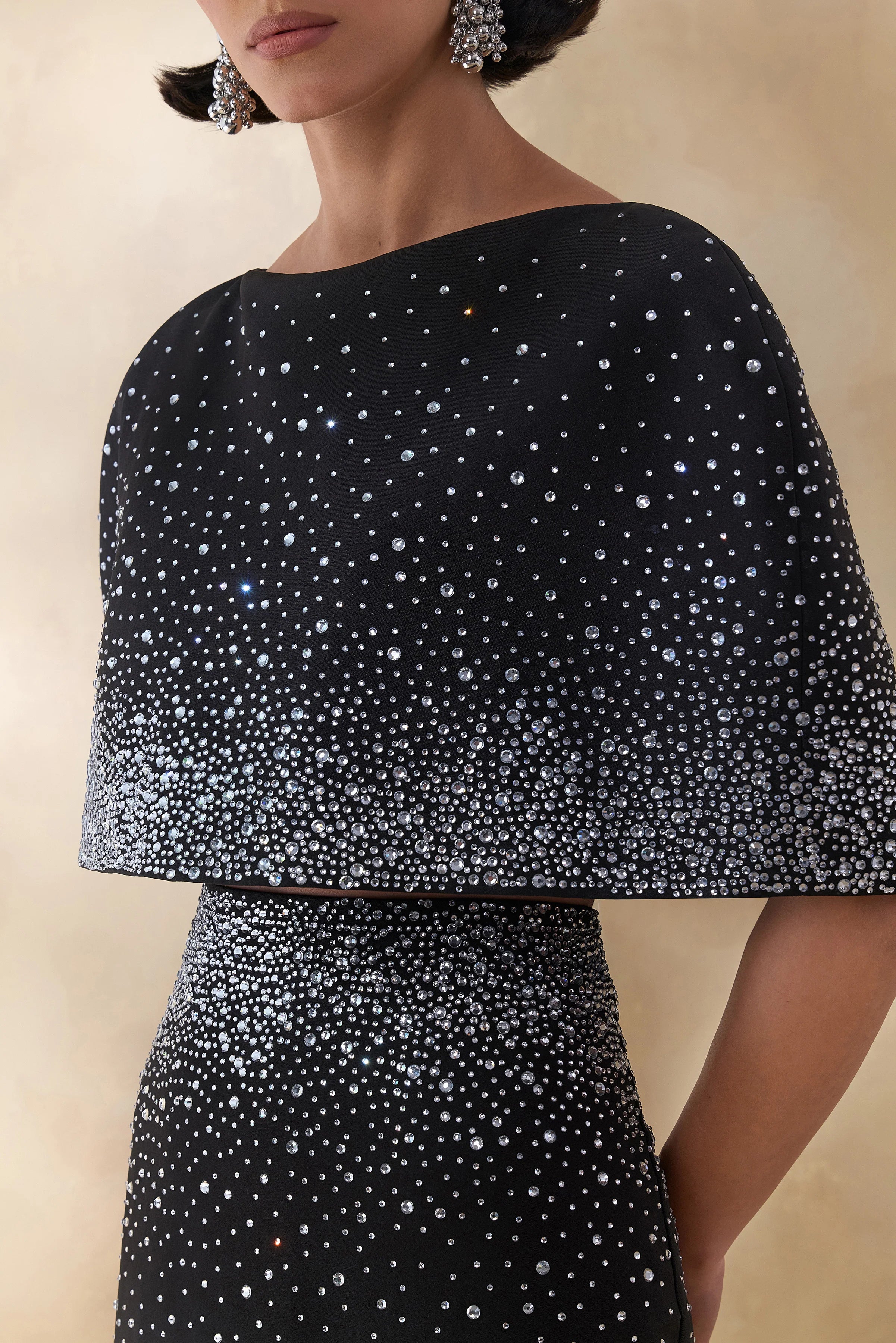 Luxy Black Embellished Boat Neck Crop Top With Cape Sleeves