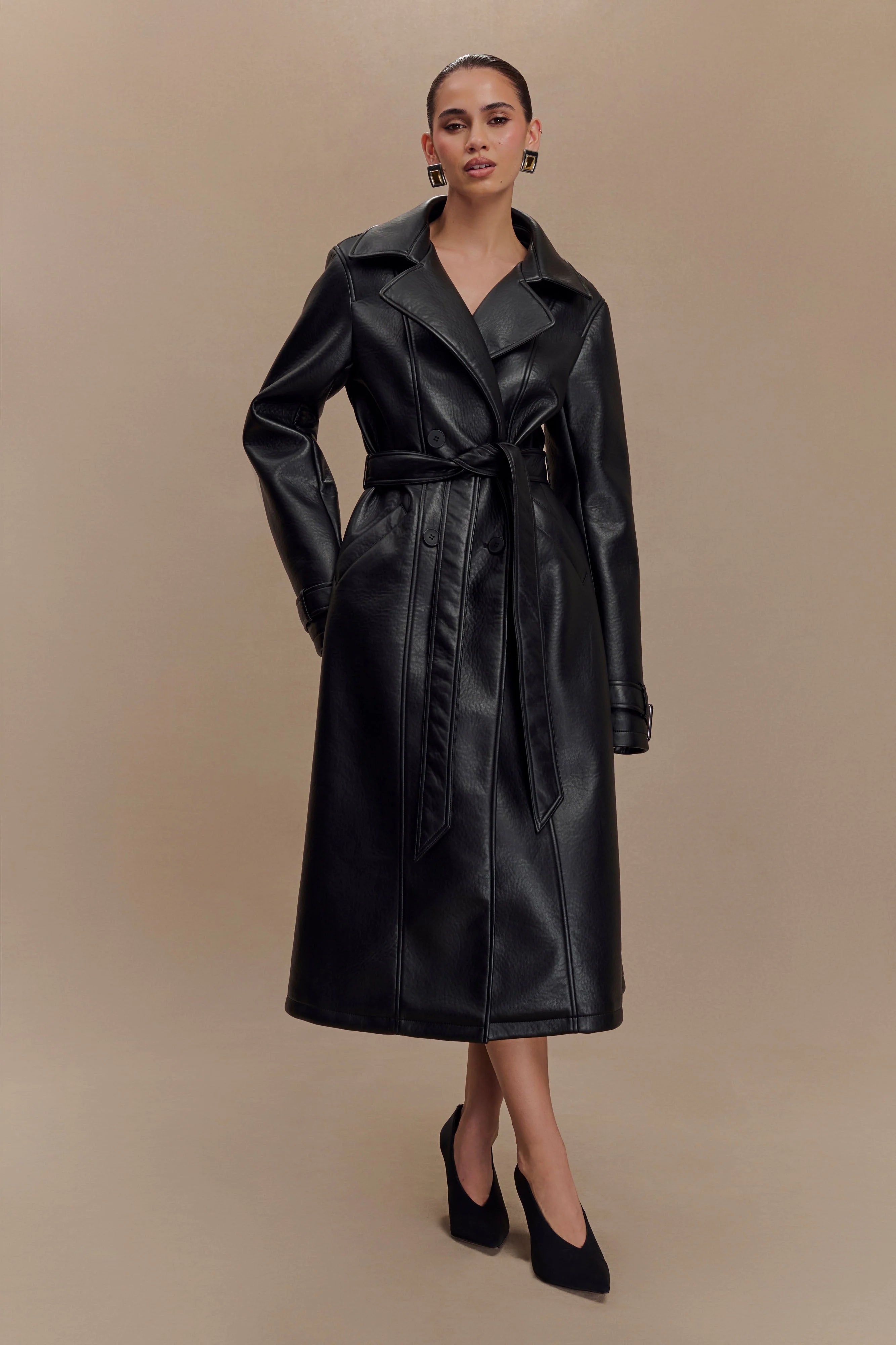 Tarah Faux Leather Trench Coat Black