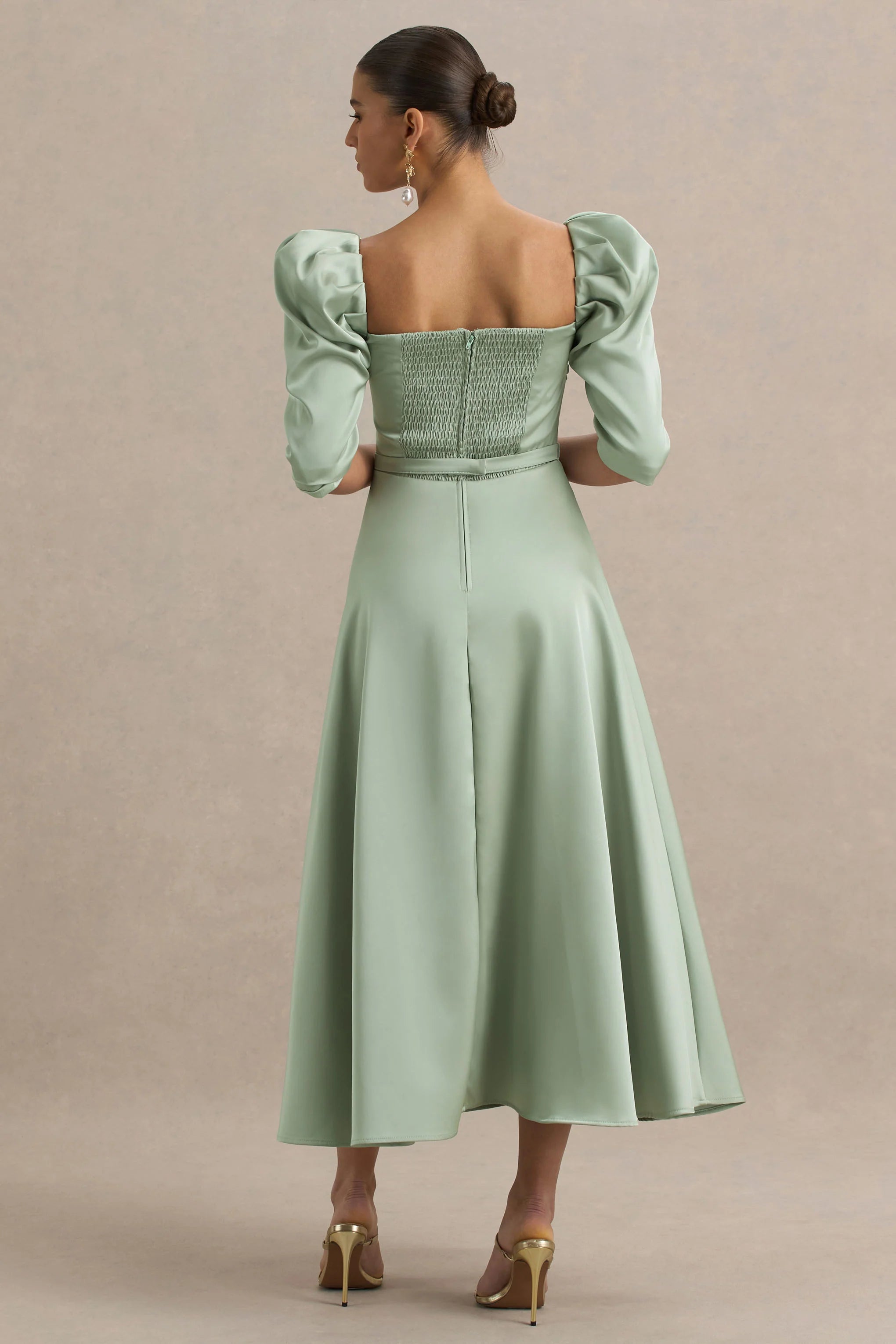Rosey Green Satin Sweetheart Midi Dress