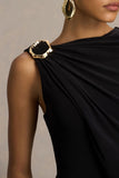 Cressida Black Asymmetric Neck Maxi Dress With Cape And Gold Detail