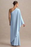 Waves Powder Blue Asymmetric Maternity Maxi Dress With One Sleeve Cape