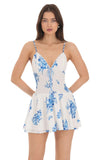 Blue Floral Smocked Ruffle Dress in White