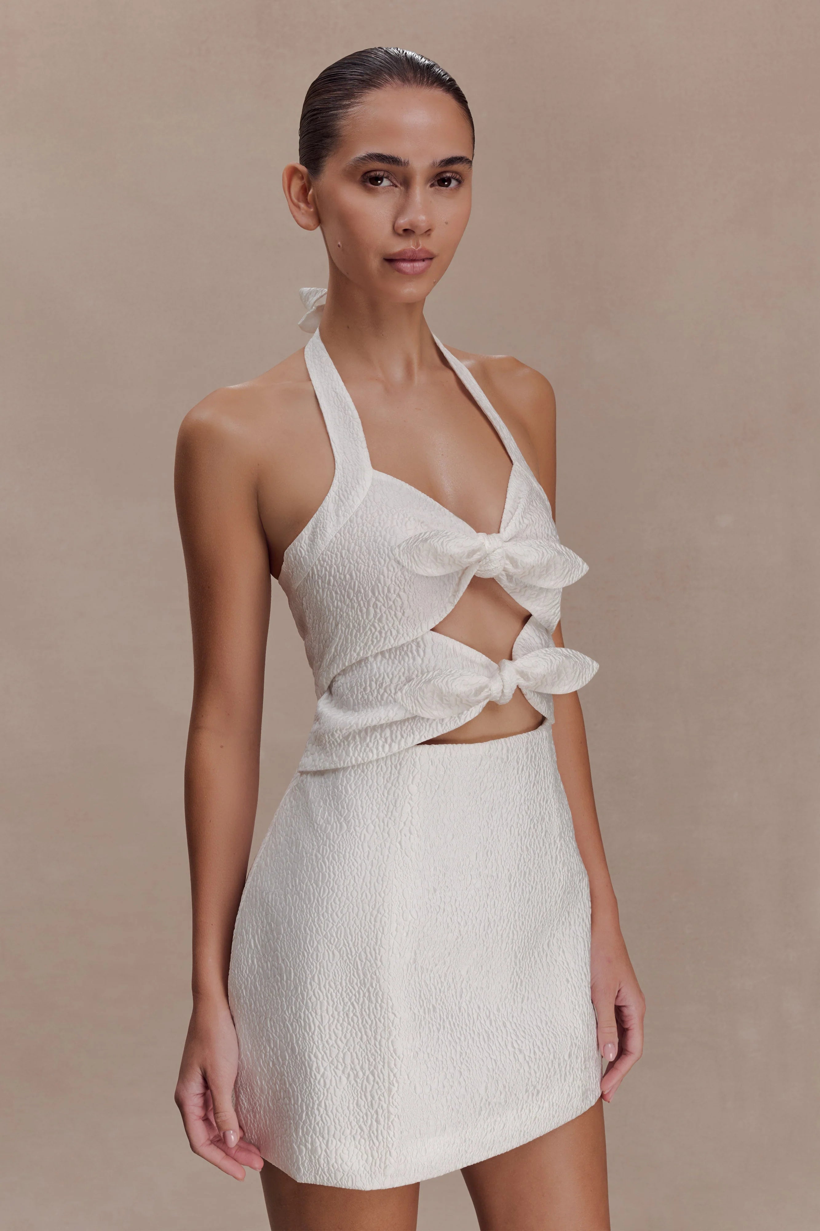 Ella Bow Detail Halter Mini Dress White