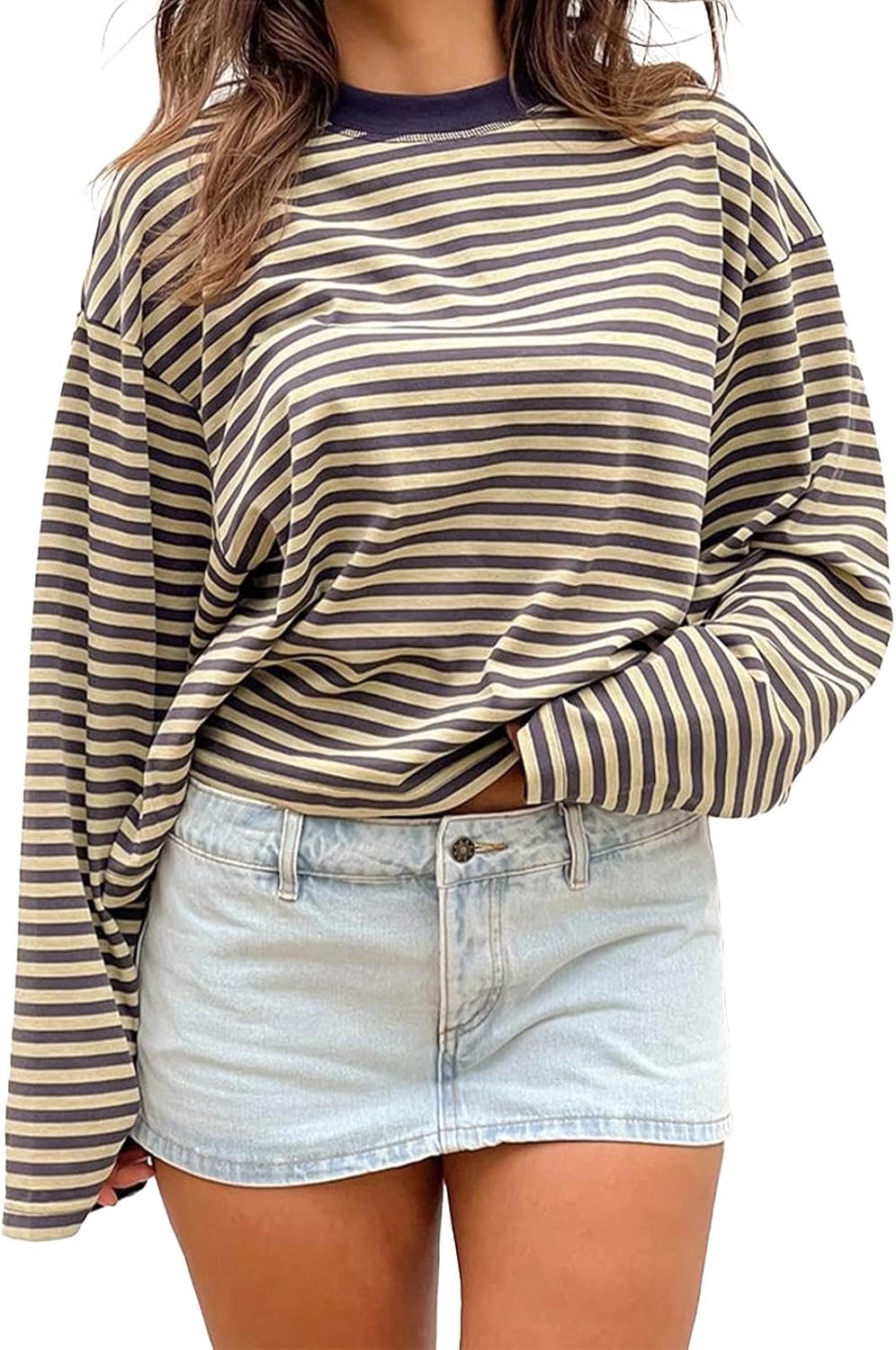 Women Striped Long Sleeve Shirt Crewneck Cropped Pullover Top Fall Winter Vintage Sweatshirt Streetwear