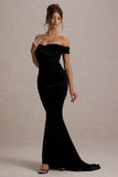 Apolline Black Velvet Off The Shoulder Ruched Fishtail Maxi Dress