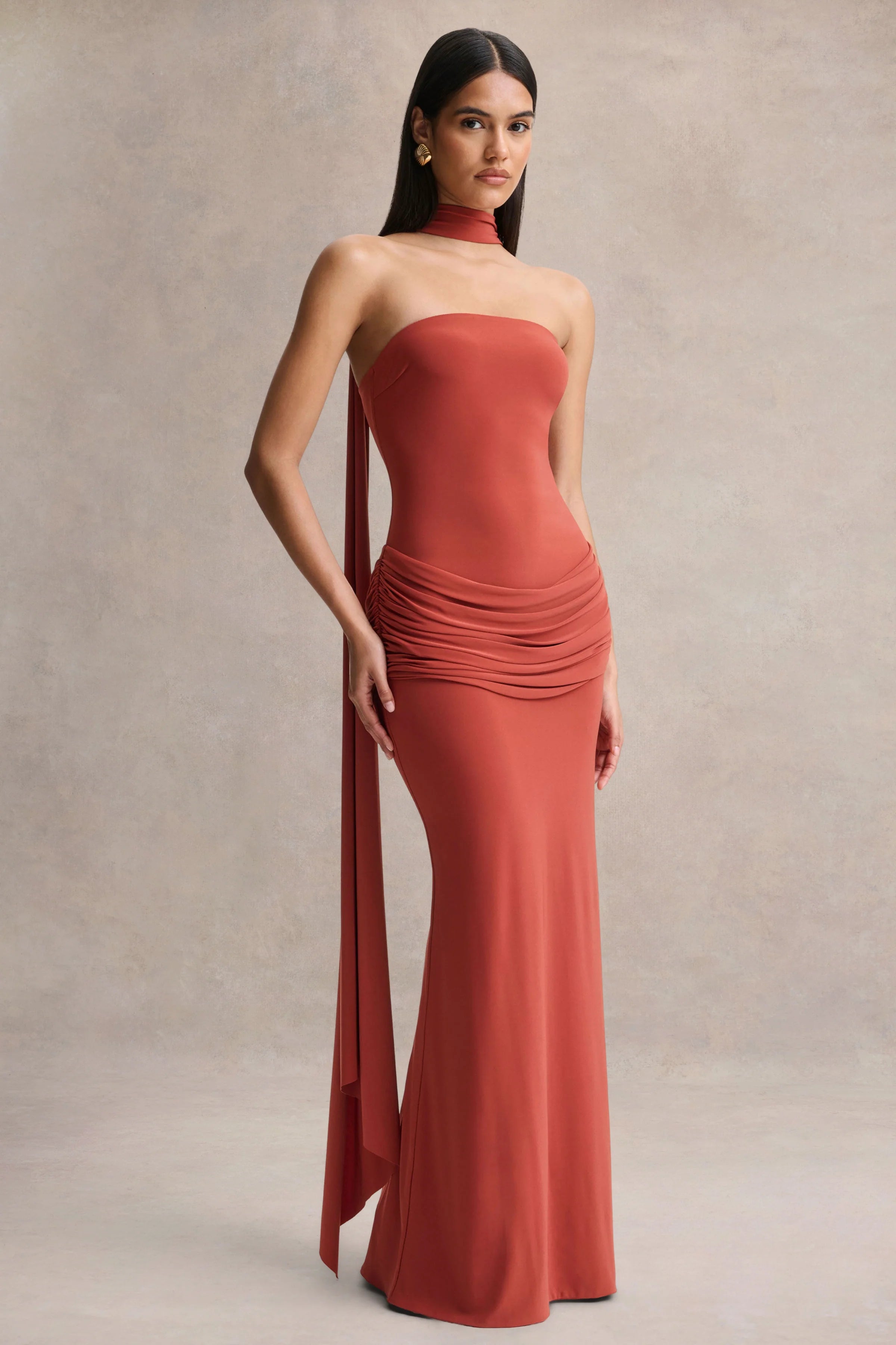 Graciella Rust Bandeau Maxi Dress With Draped Detailing And Scarf