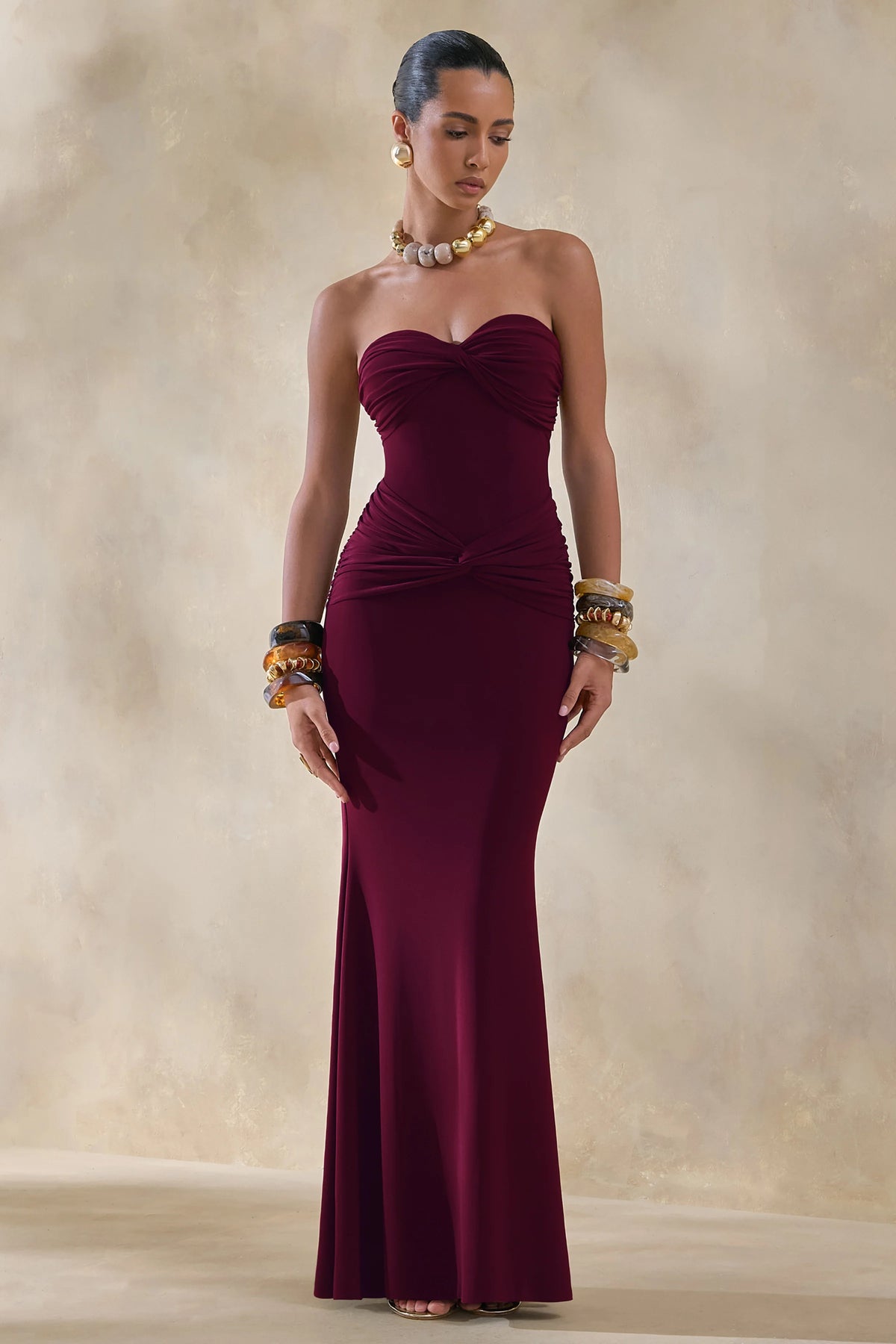Elodia Burgundy Bandeau Maxi Dress With Gathered Detailing