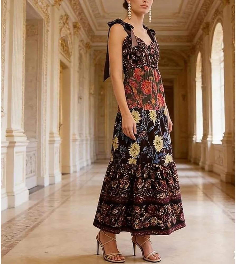 Women Floral Maxi Dress Tie Shoulder Patchwork Smocked Flowy Boho Dress with Pockets Summer Vacation Sundress