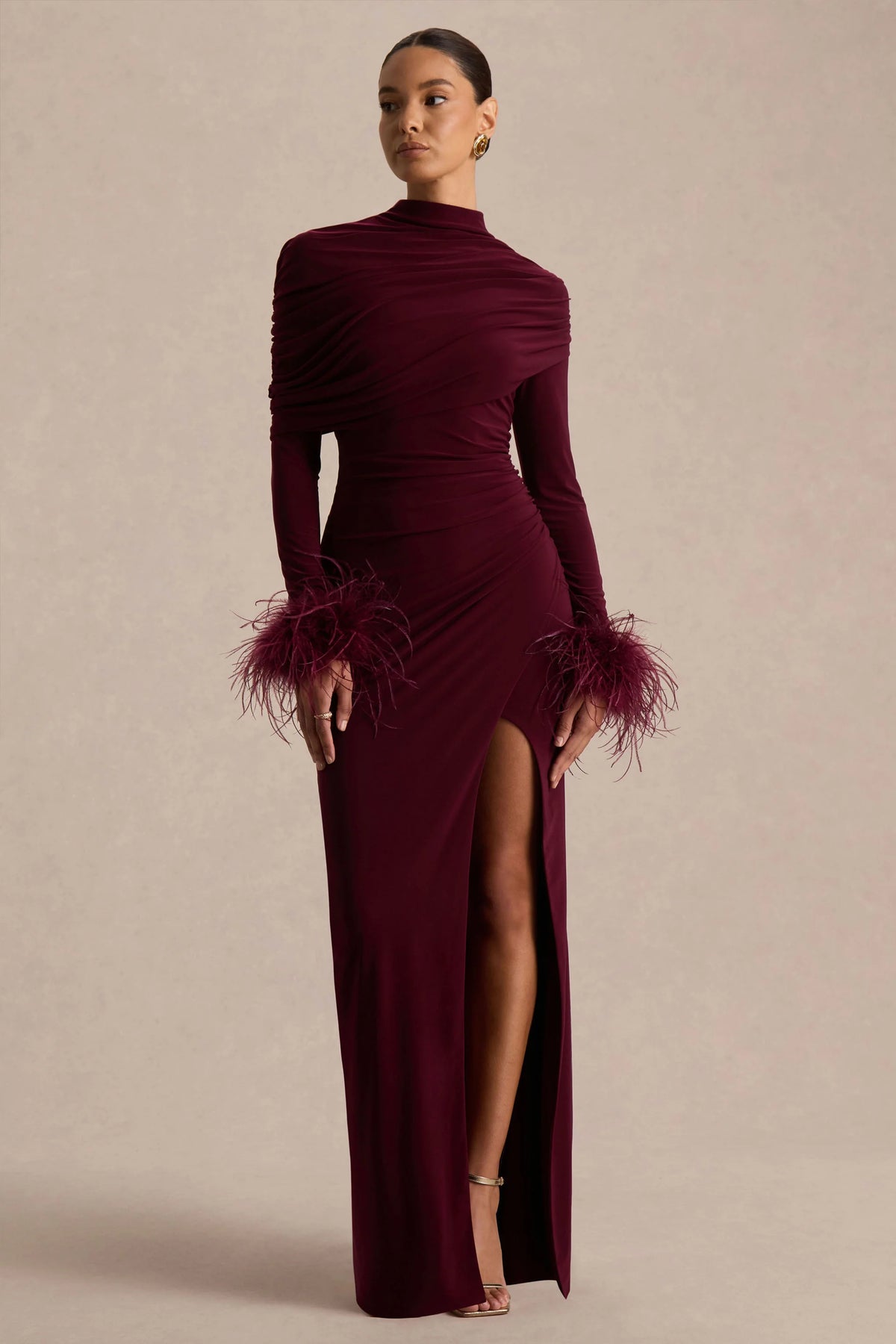 Gatsby Burgundy High Neck Maxi Dress With Feather Trim Cuffs