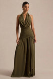 Mist Olive Plunge Neck Maxi Dress With Knot Detail And Open Back
