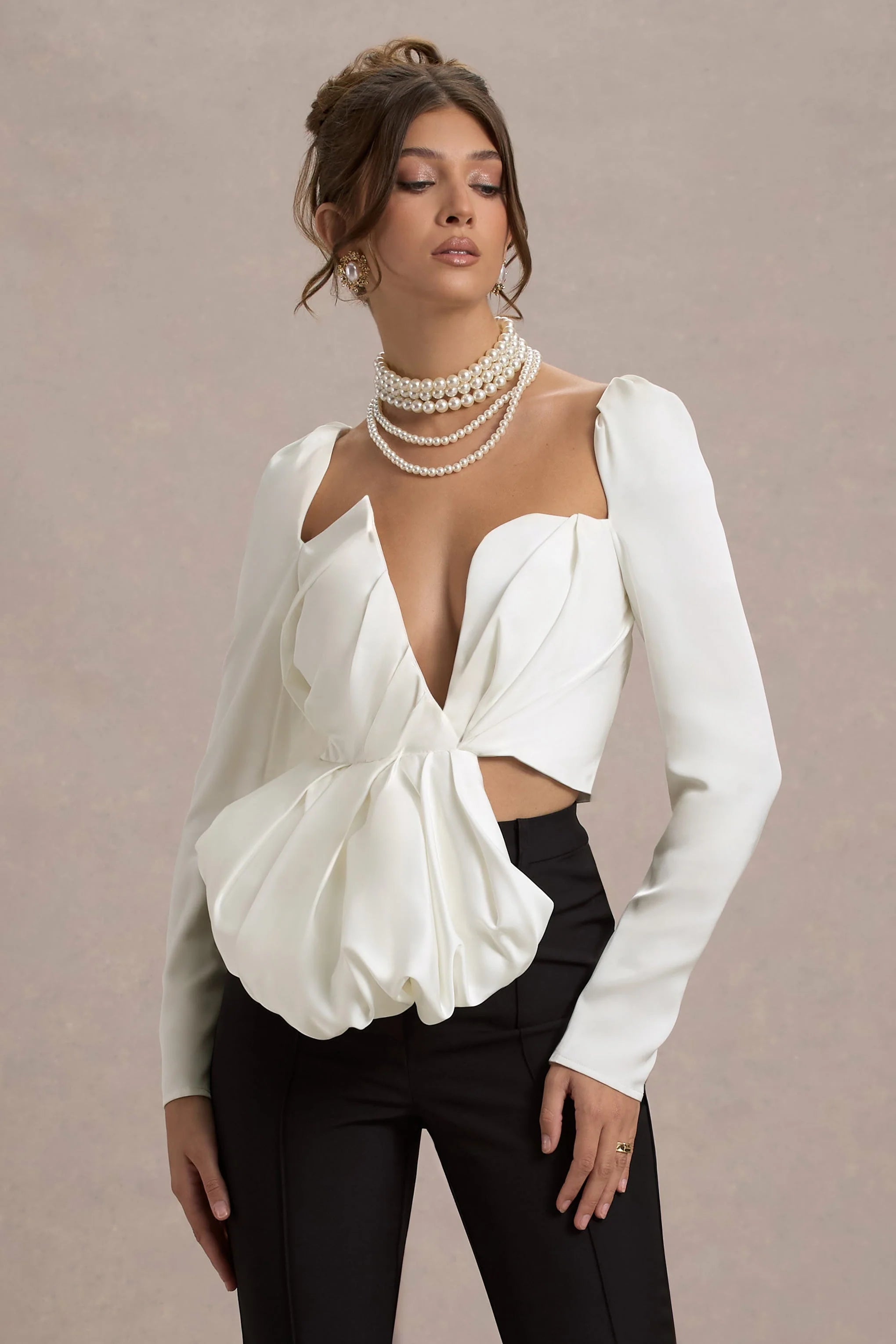 Bensley Ecru Satin Asymmetric Plunge Neck Top With Ruffle