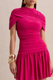 Fenella Hot Pink High Neck Mini Dress With Cape Sleeves And Ruched Detailing