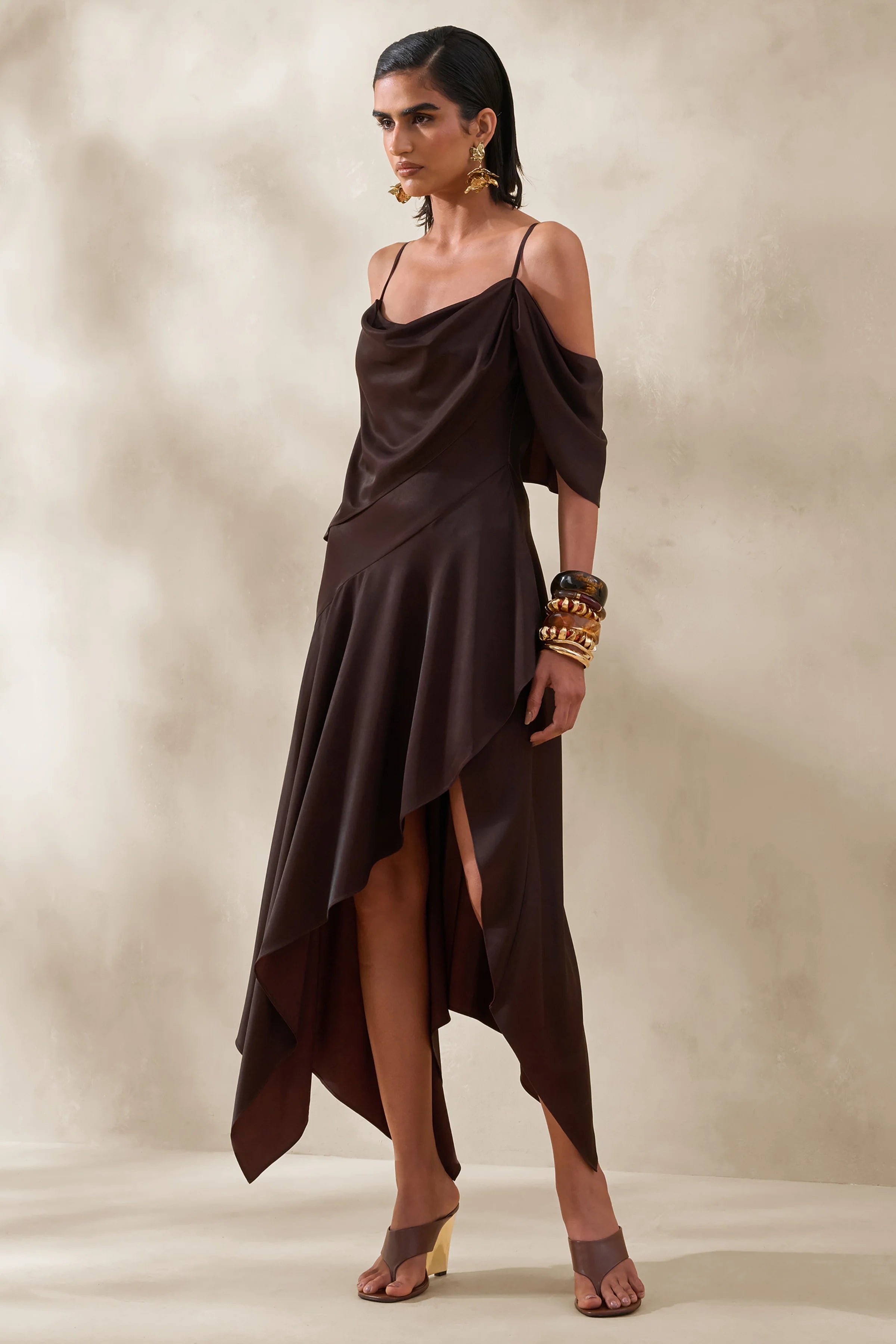 Helira Brown Asymmetric Midi Dress With Draping Detailing and Open Back