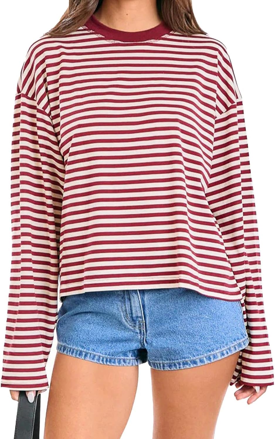 Women Striped Long Sleeve Shirt Crewneck Cropped Pullover Top Fall Winter Vintage Sweatshirt Streetwear