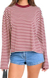 Women Striped Long Sleeve Shirt Crewneck Cropped Pullover Top Fall Winter Vintage Sweatshirt Streetwear