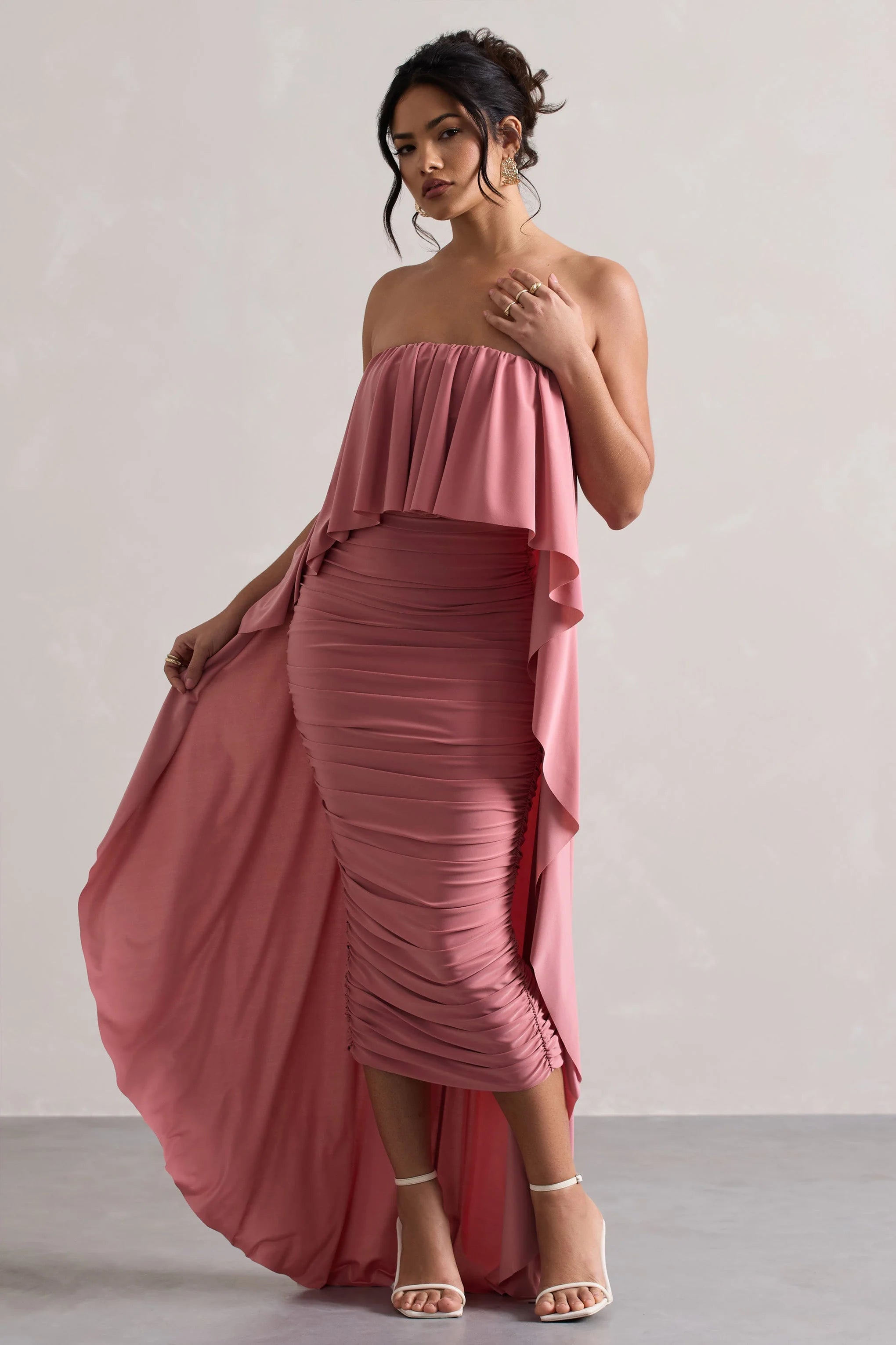 Upon A Time Blush Ruched Bandeau Midi Dress With Cape