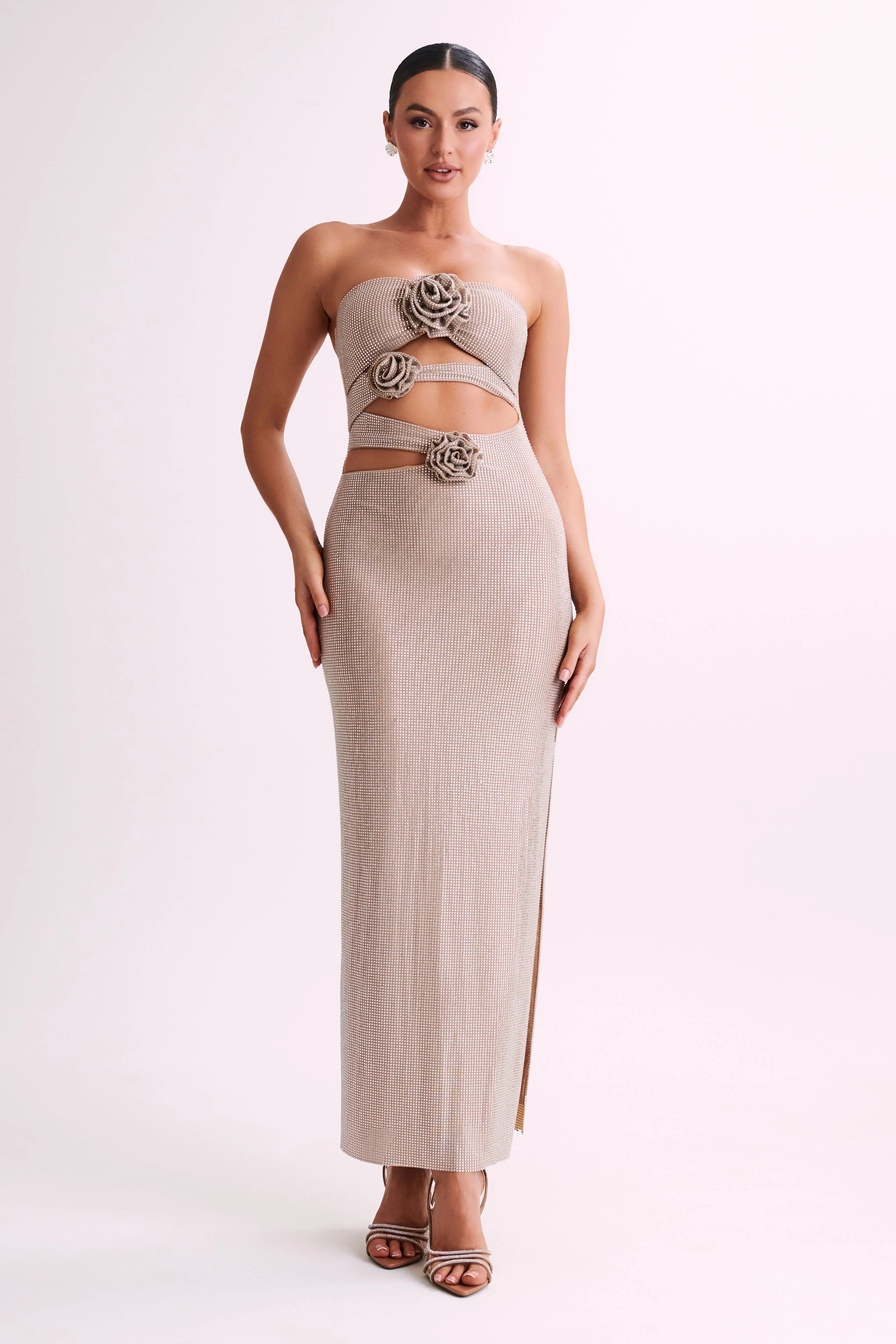 Stassie Strapless Rose Diamante Maxi Dress Nude