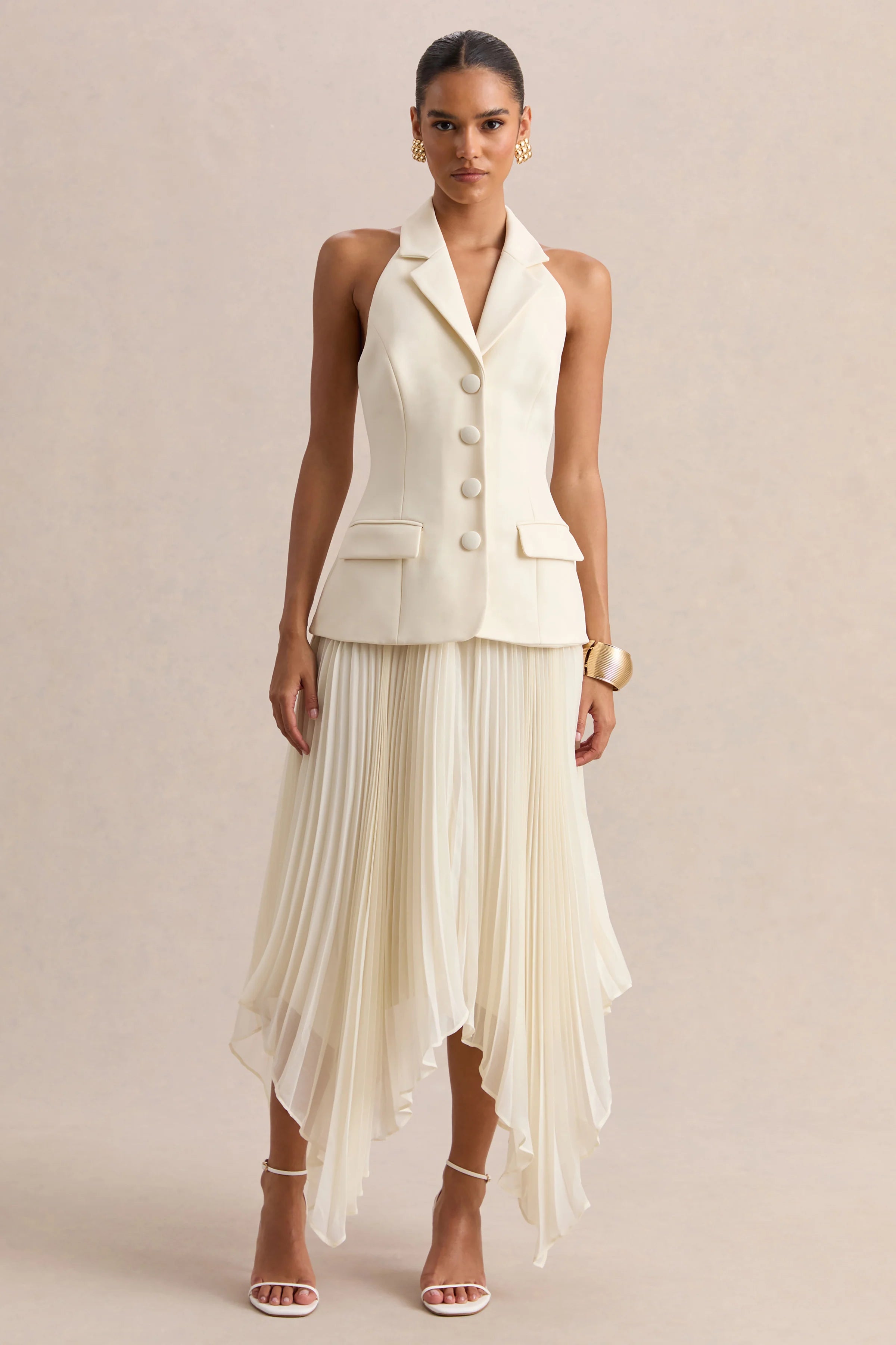 Marvelle Cream Plunge Neck Maxi Dress With Hanky Hem