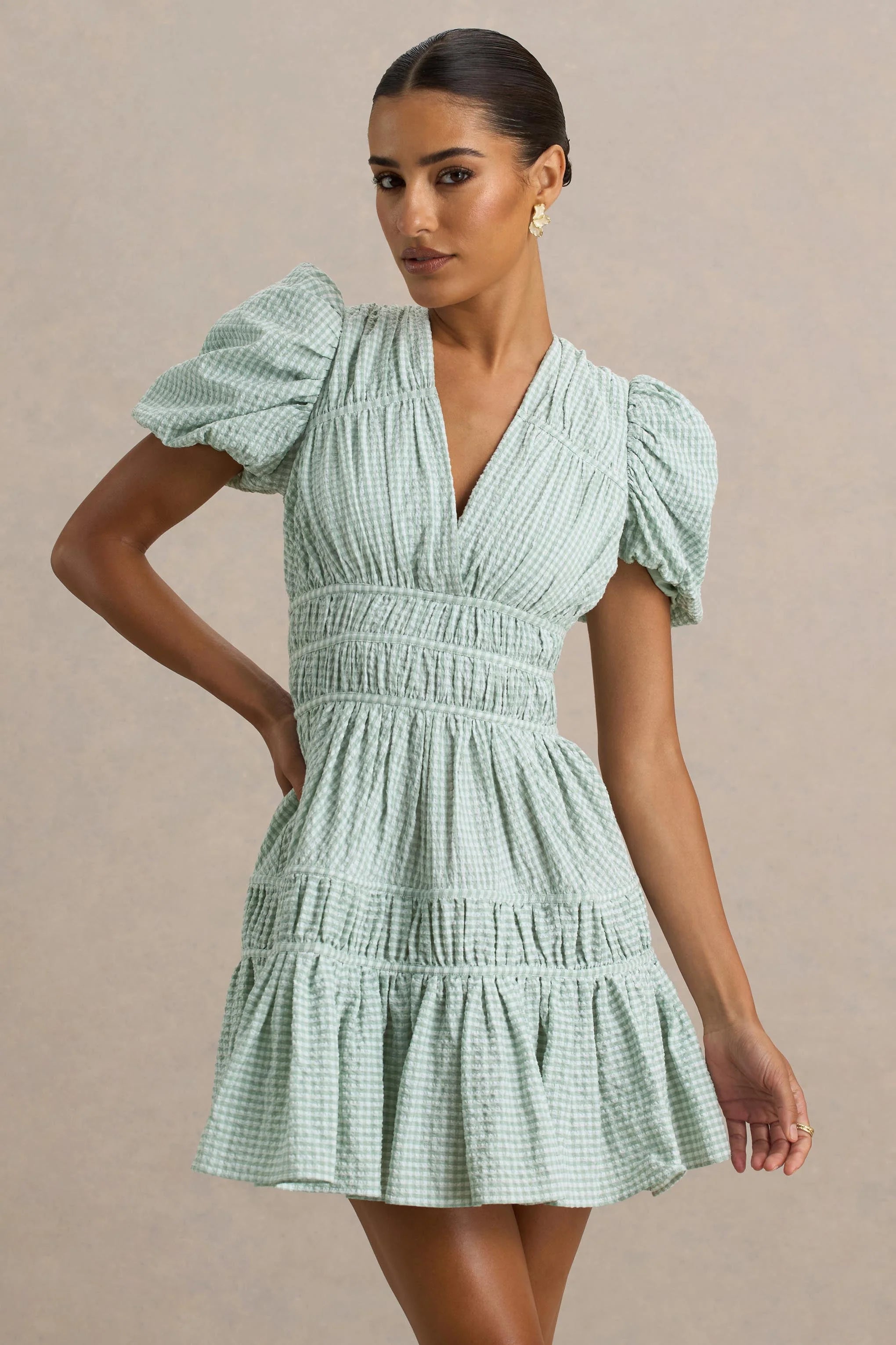 Laurelle Green Extreme Plunge Neck Mini Dress With Ruffling Detail