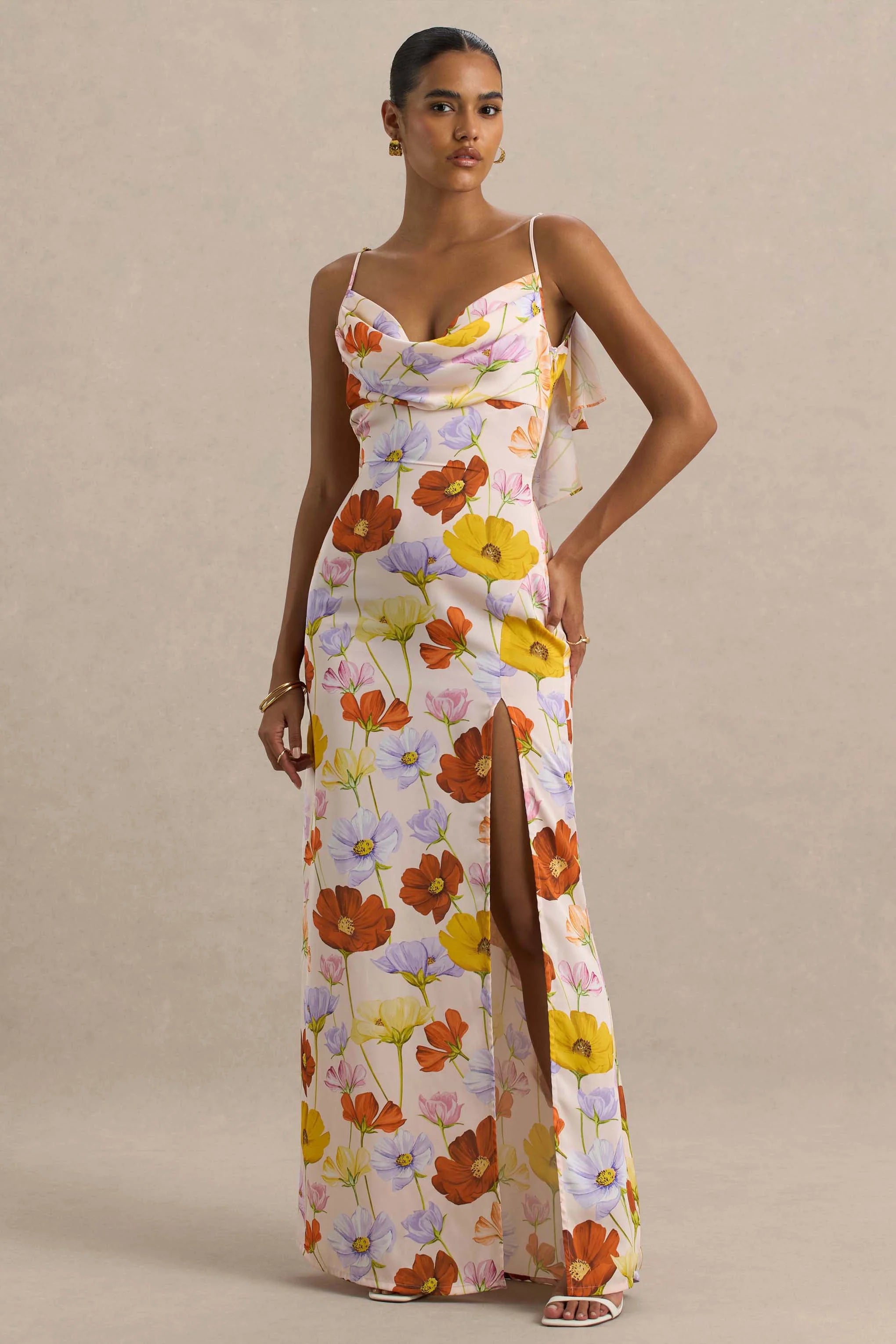Thames Bright Floral Print Satin Cowl Neck Maxi Dress