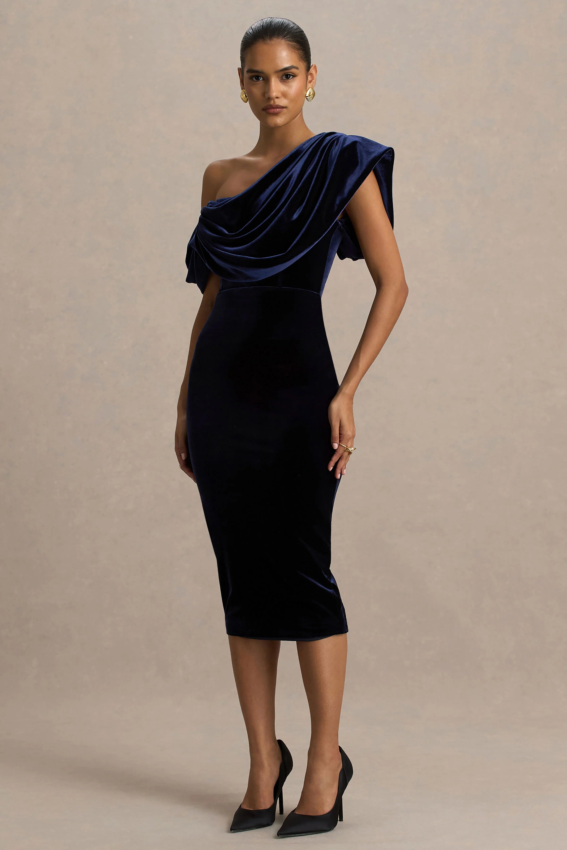 High End Navy Velvet Asymmetric Neck Midi Dress With Draped Detailing