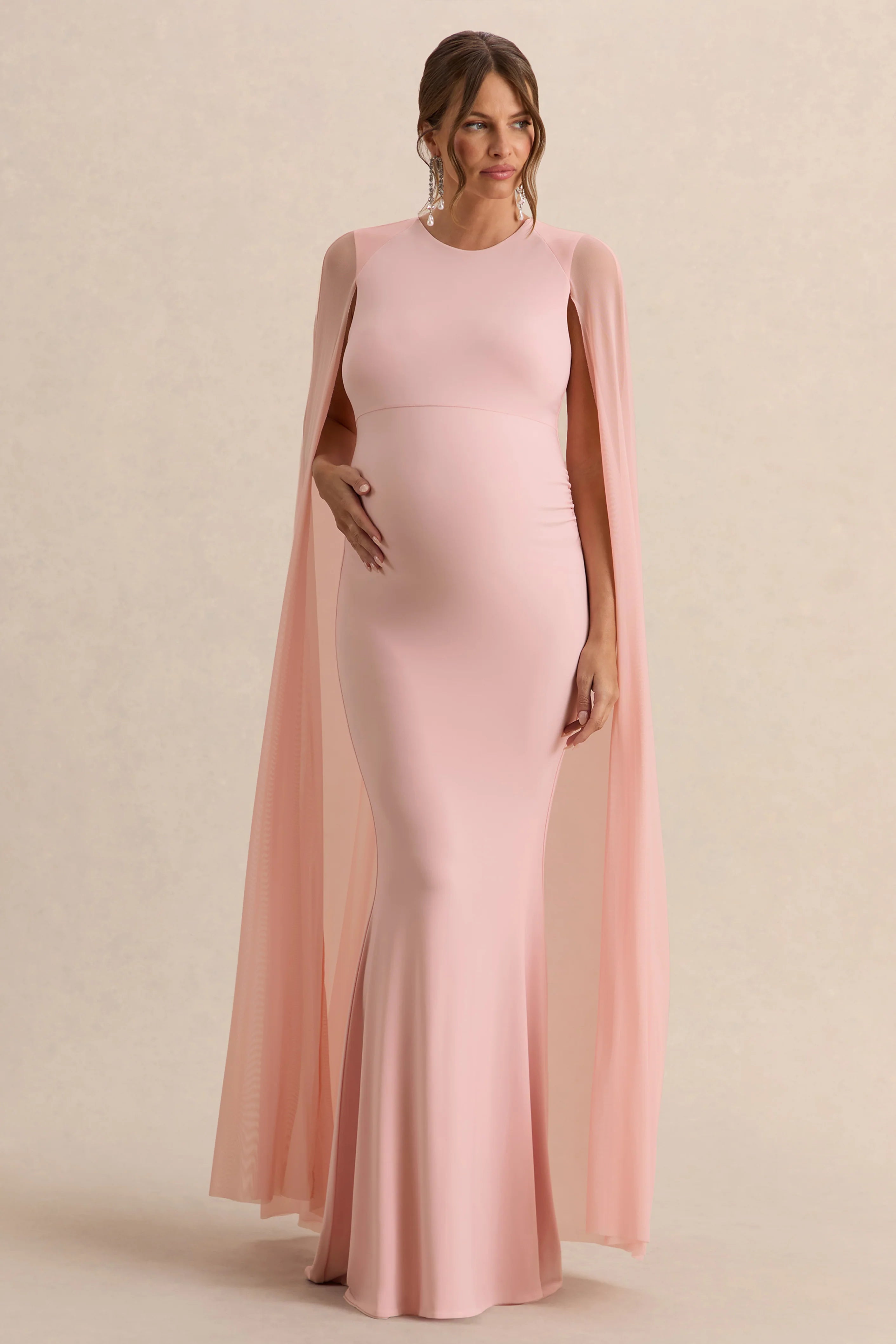 Currant Pink Crew Neck Maternity Maxi Dress With Cape