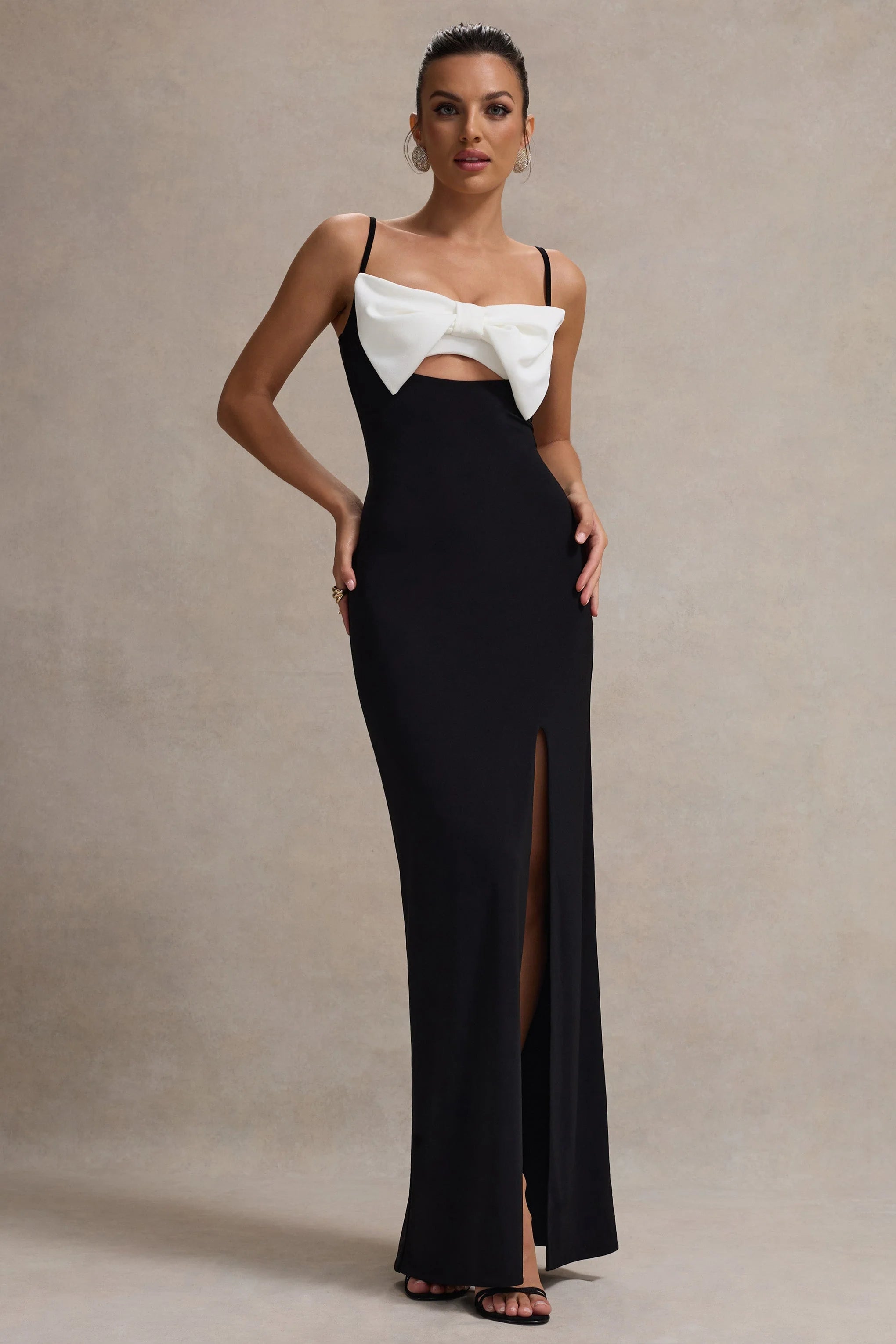 Emmalou Black White Strappy Split Maxi Dress With Bow