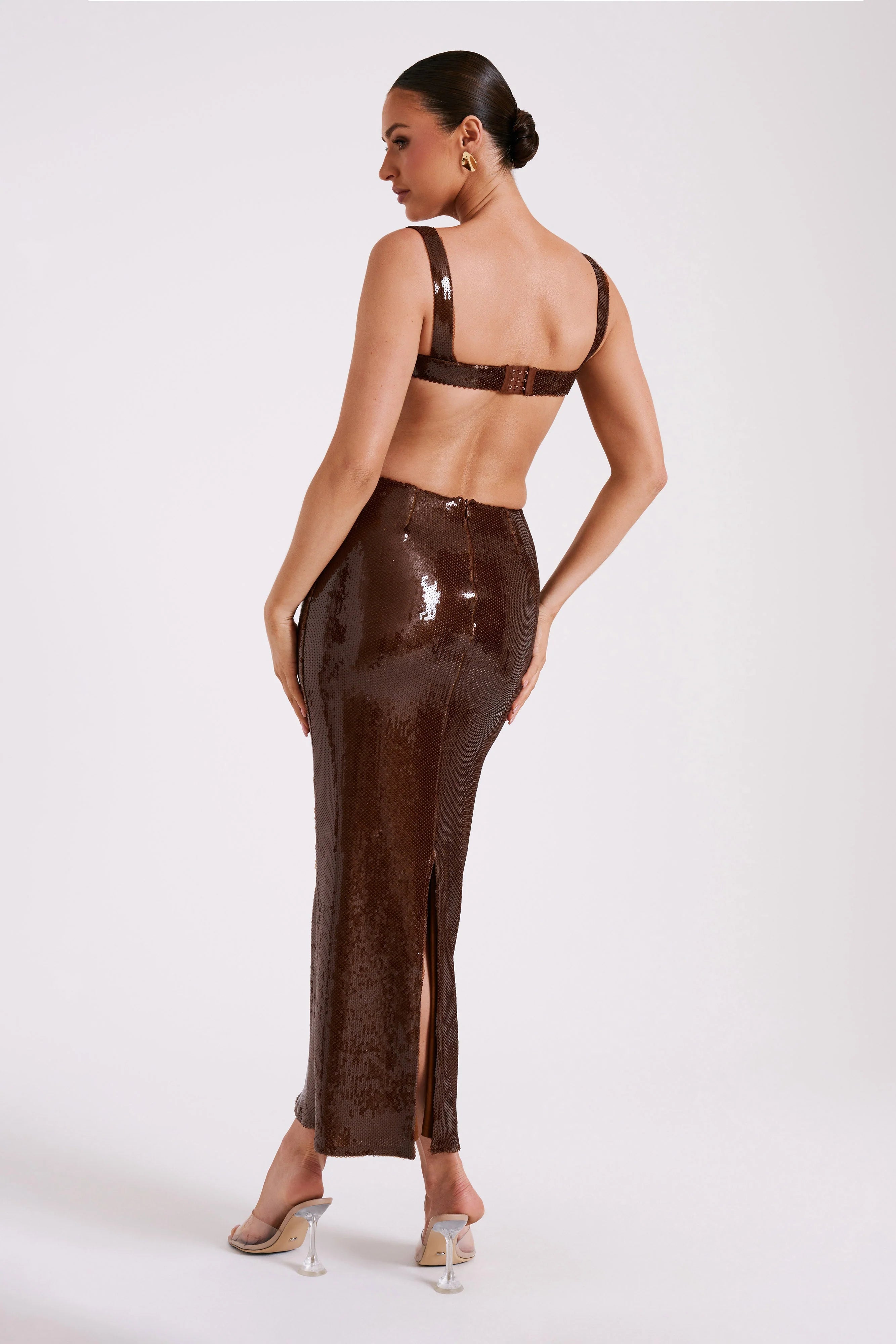 Adoria Sequin Cut Out Maxi Dress Chocolate
