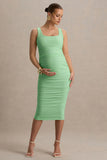 Lisbon Light Green Maternity Square Neck Ruched Midi Dress