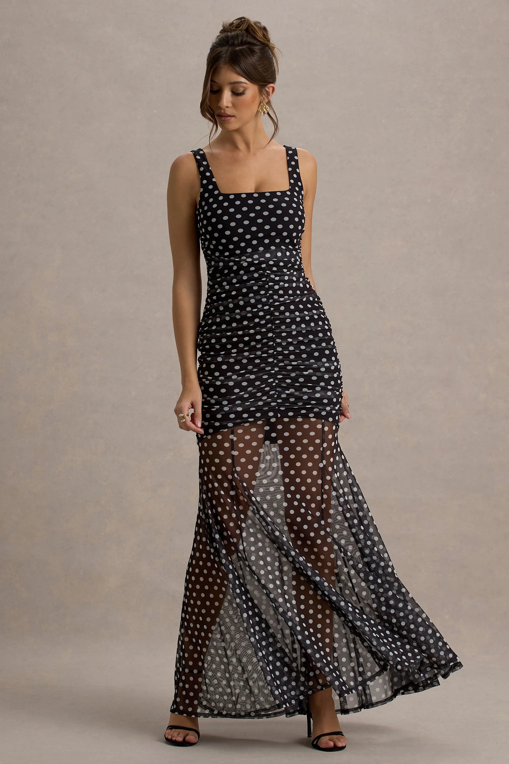 Galaxia Black White Polka Dot Maxi Dress With Mesh Skirt