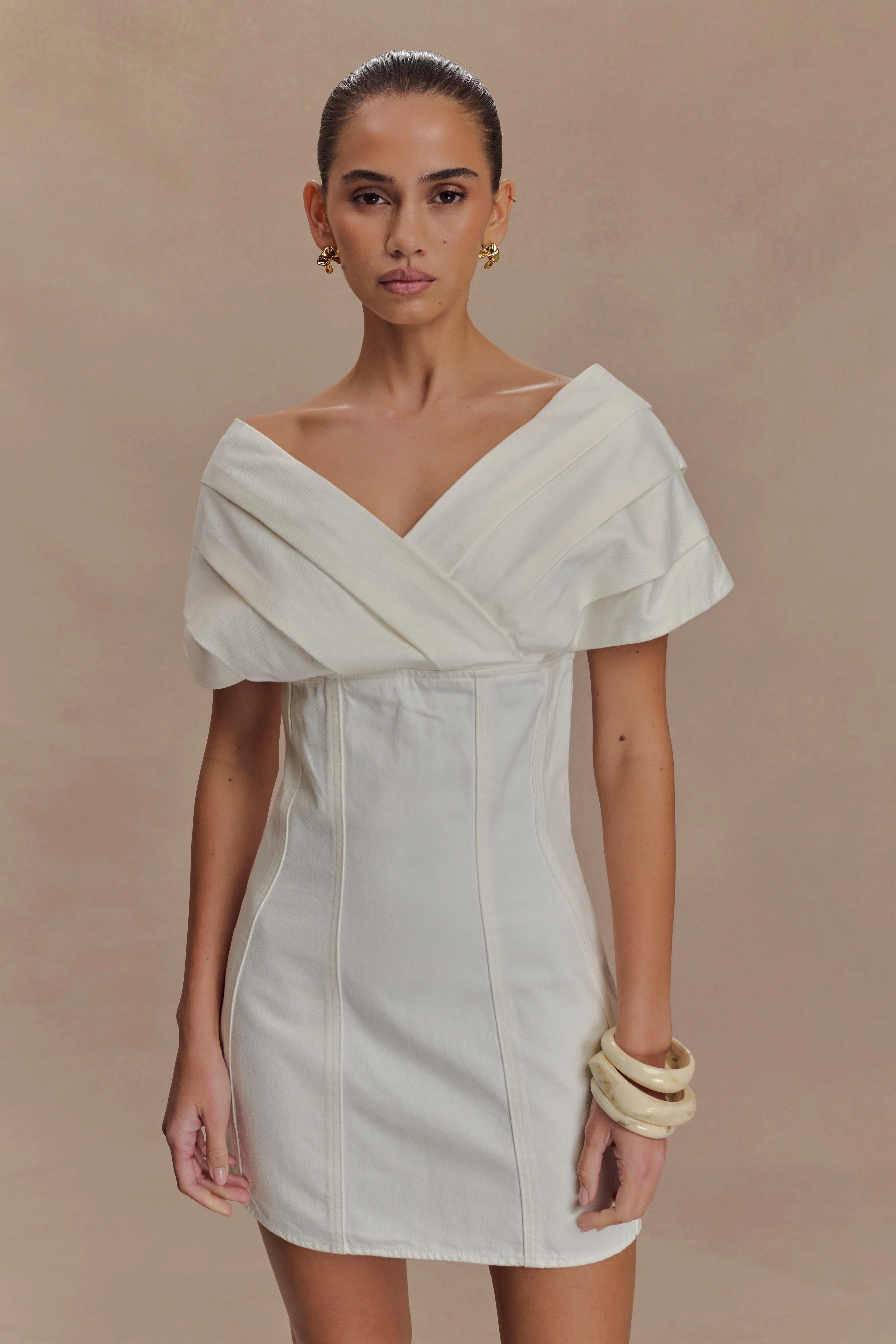 Pascale Off Shoulder Denim Mini Dress White