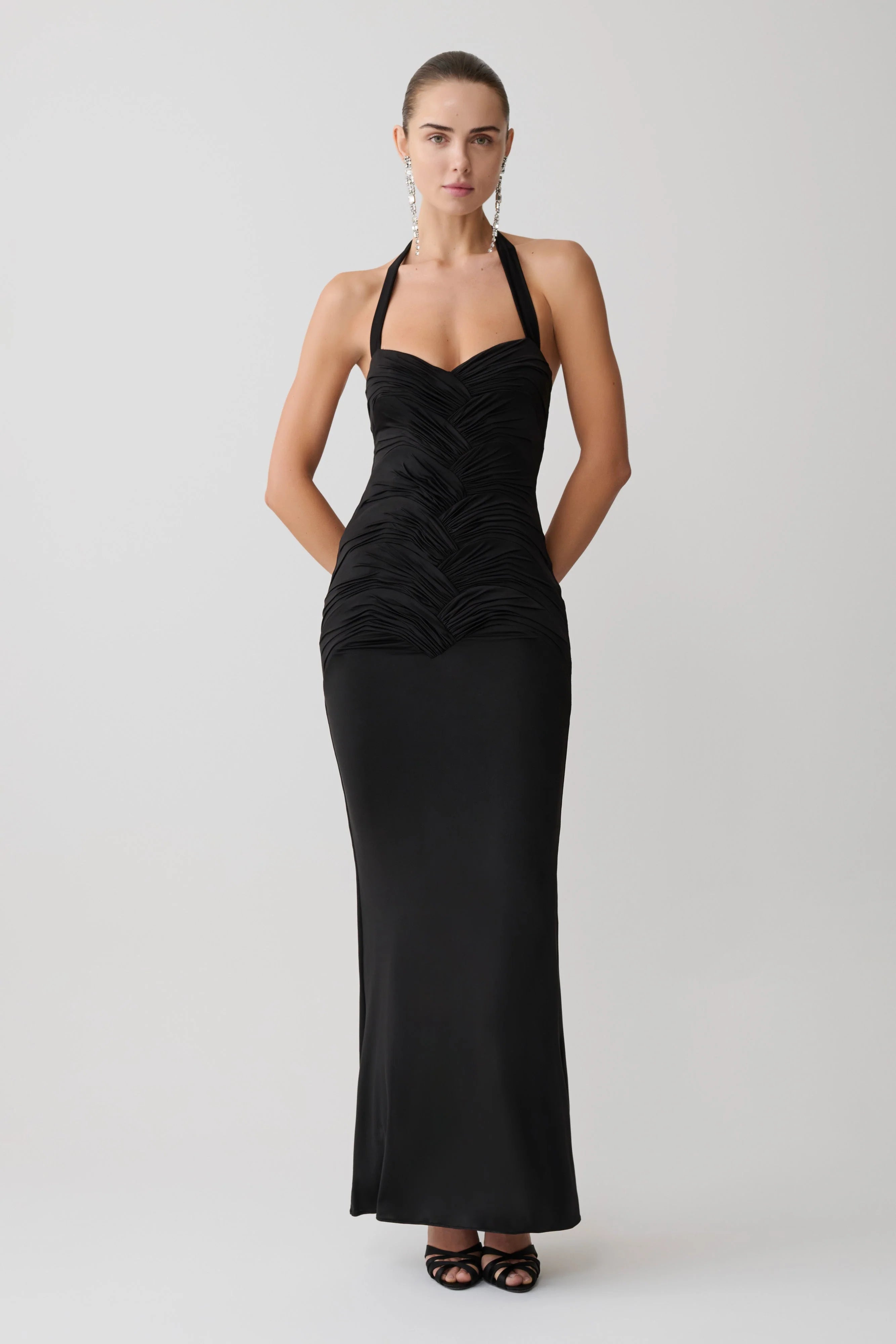 Hoai Gathered Slinky Halter Maxi Dress Black