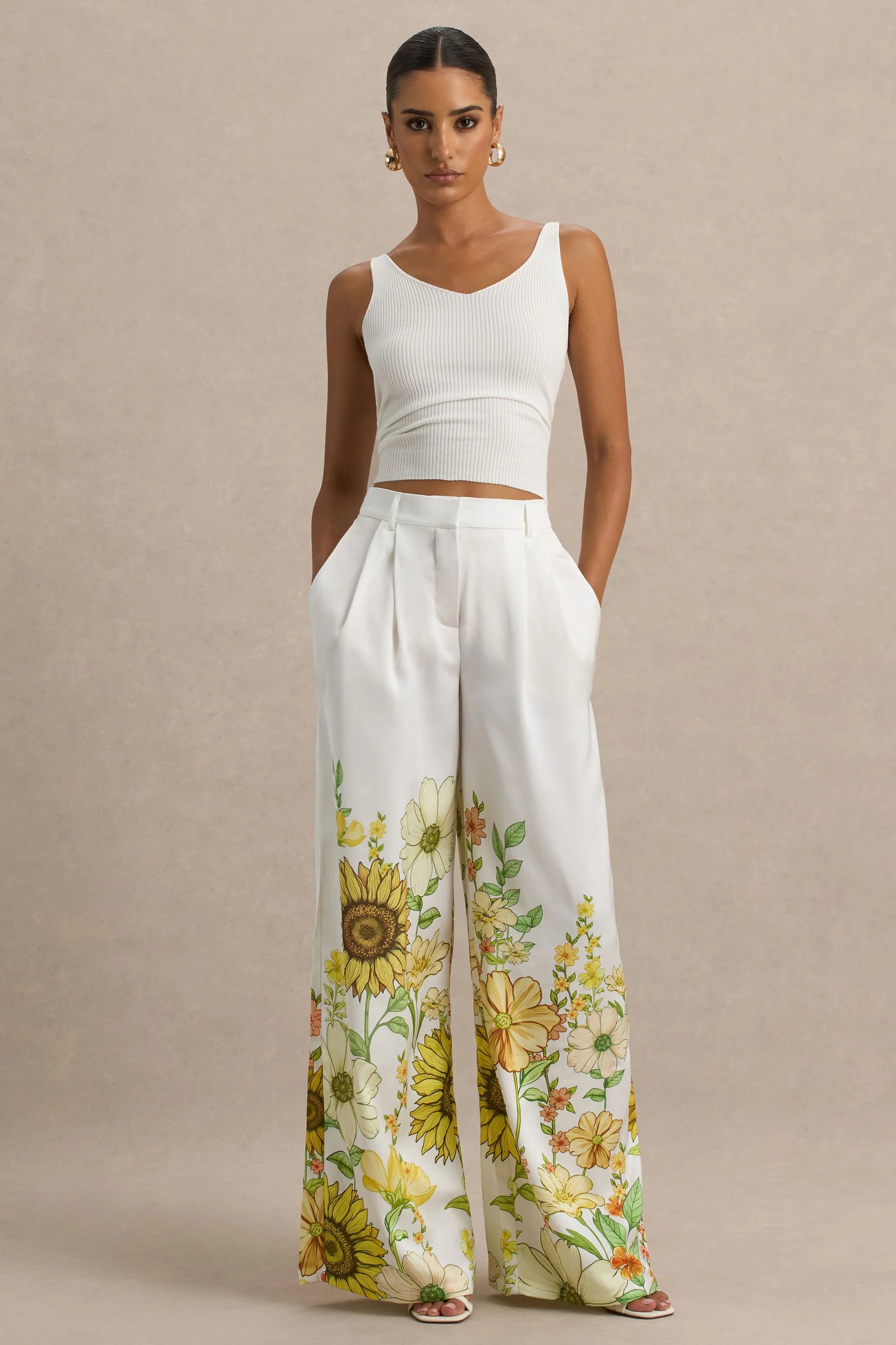 Louise Sunflower Print Wide Leg Trousers