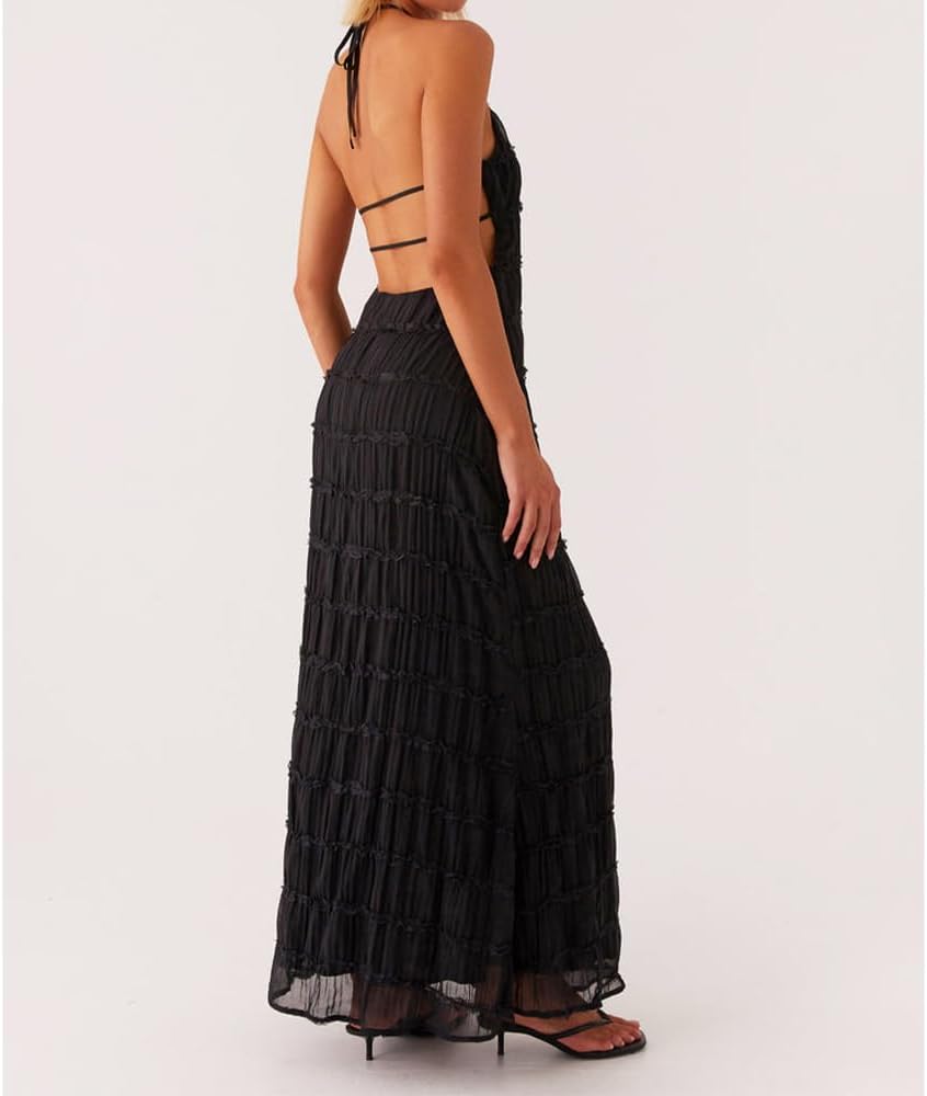 Women Backless Dress Sleeveless Textured Halter Open Back Maxi Dresses Vacation Wedding Guest