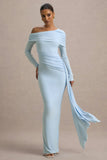 Valina Powder Blue Ruched Asymmetric Maxi Dress With Drape