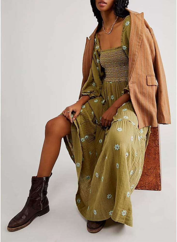 Women Floral Embroidered Maxi Dress Long Puff Sleeve Square Neck Bohemian Flowy Dress with Pockets Summer Fall