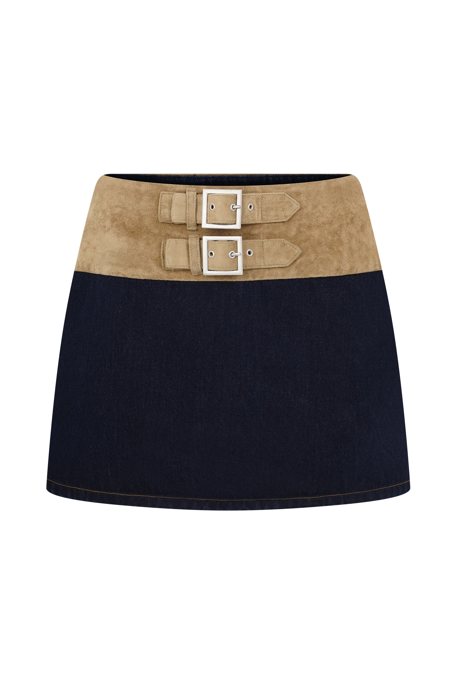 Miranda Faux Suede Belted Denim Mini Skirt Indigo Blue