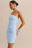 Merisse Powder Blue Bandeau Mini Dress With Ruched Detailing