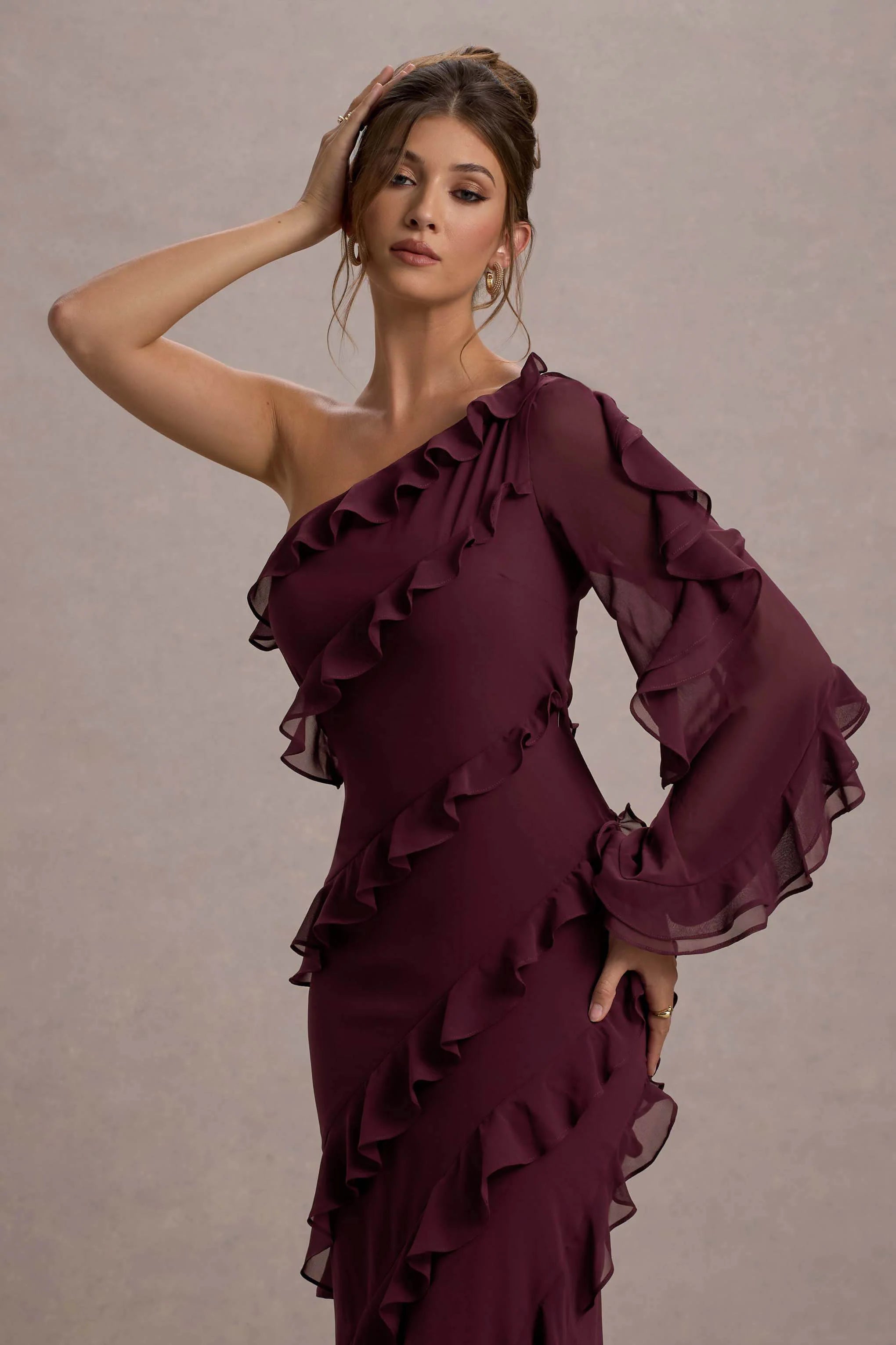 Lalika Burgundy Asymmetric One Sleeve Ruffle Maxi Dress