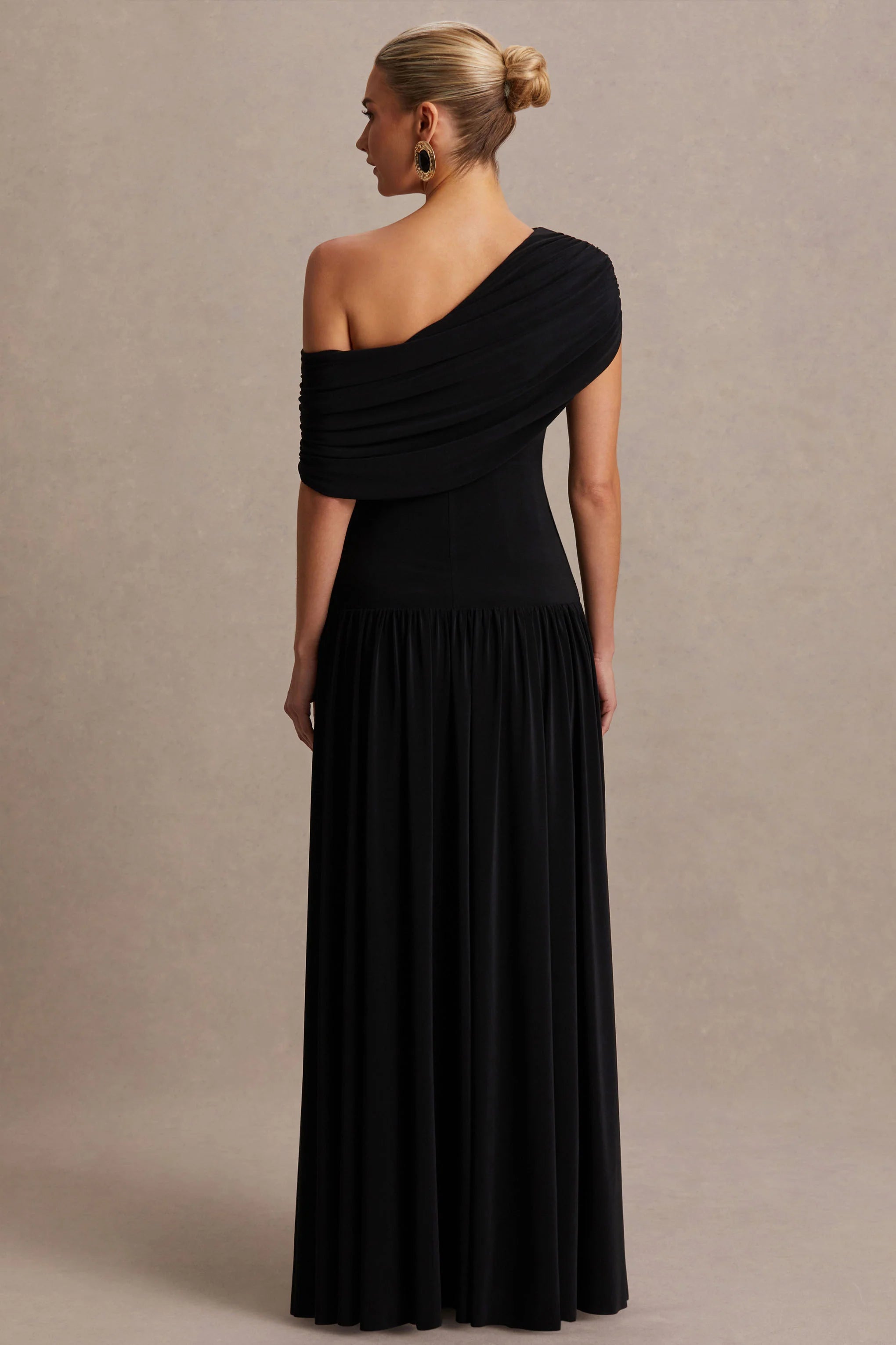 Noah Black Asymmetric Neck Maternity Maxi Dress With Drop Waist