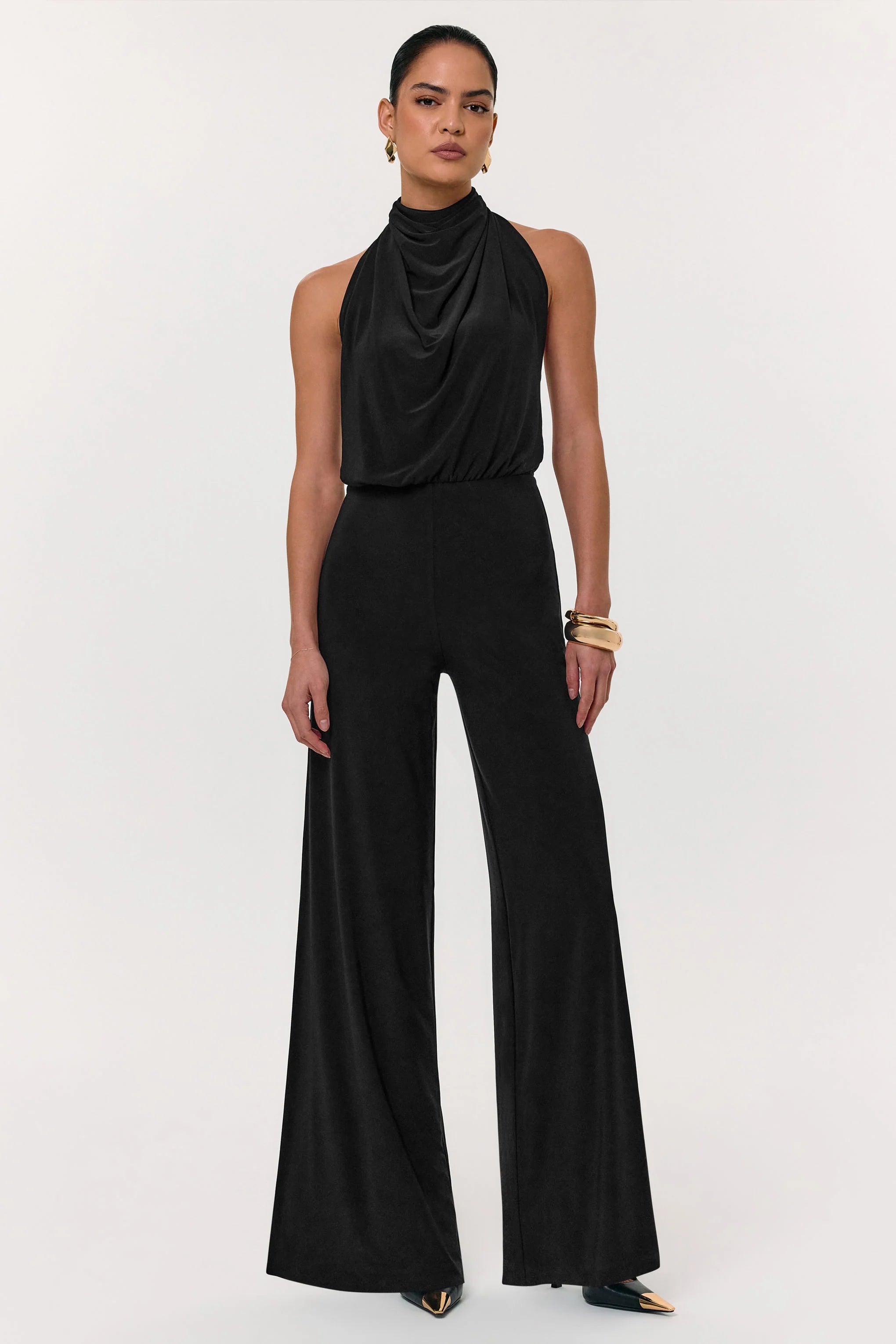 Asha Black High Neck Jumpsuit With Ruched Detail