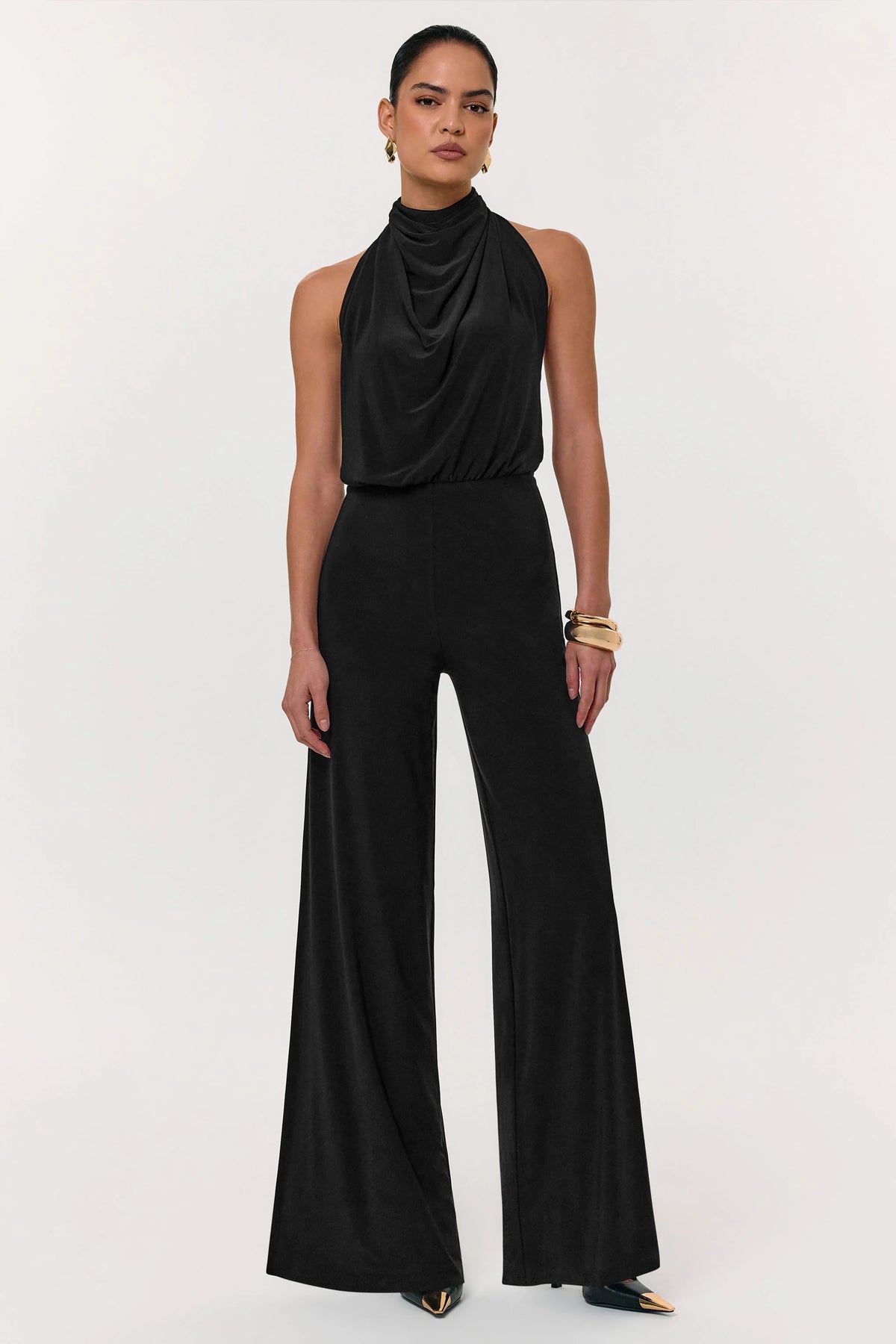 Asha Black High Neck Jumpsuit With Ruched Detail
