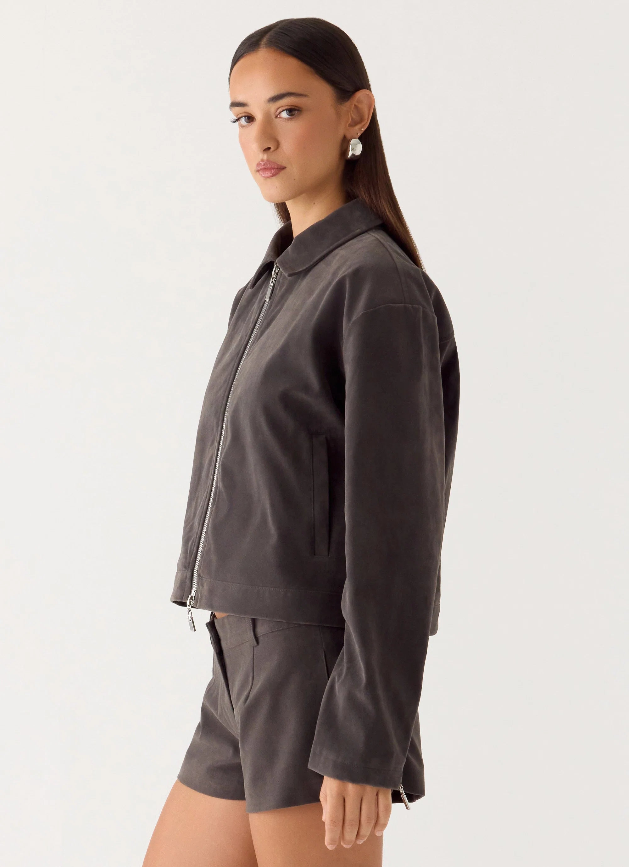 Austina Faux Suede Boxy Jacket Tan Grey