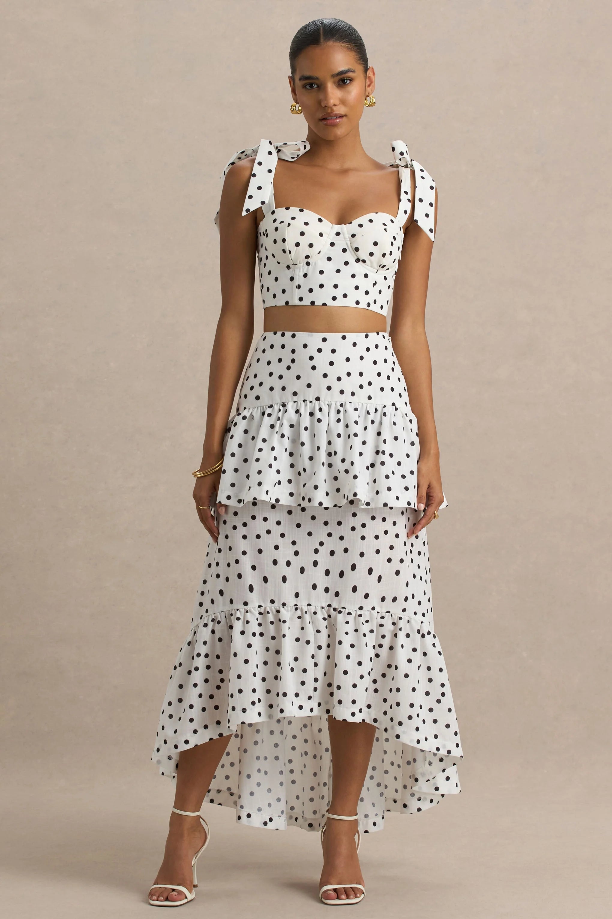 Emry White Polka Dot High Waist Maxi Skirt With Ruffle Detail