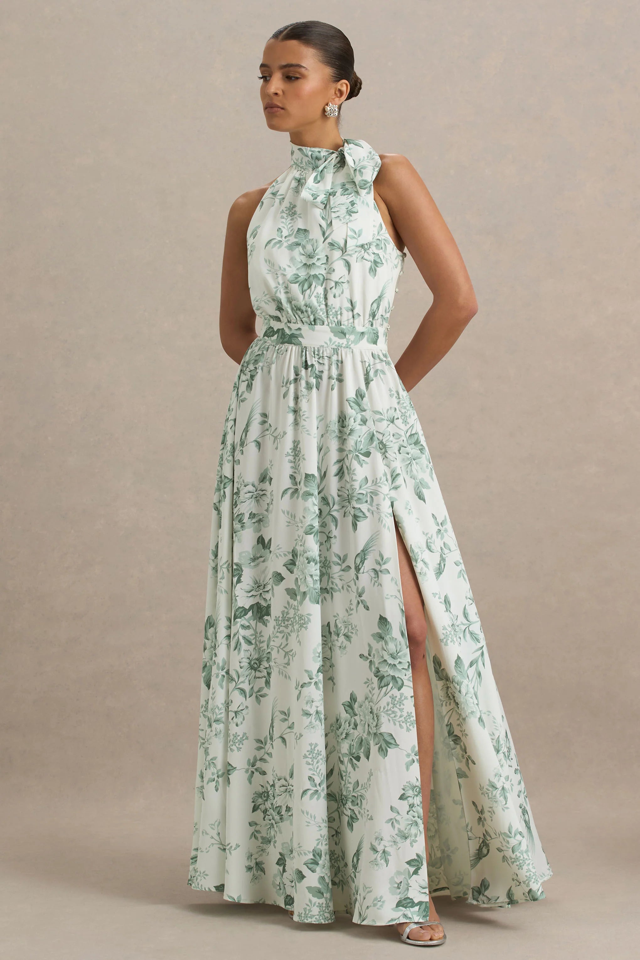 Talia Green Floral Print High Neck Maxi Dress With Front High Split